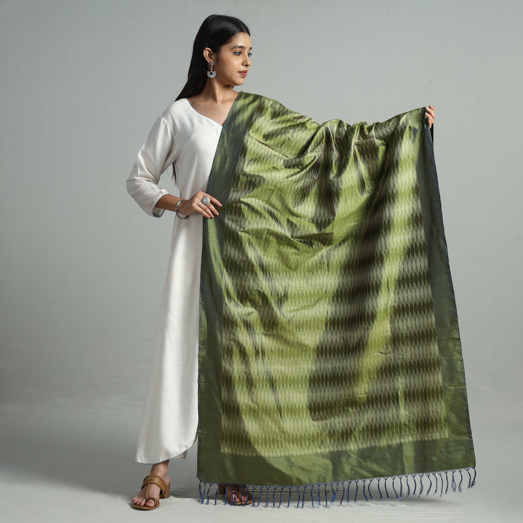 POCHAMPALLY IKAT WEAVES BY GOVARDHAN Green - Pochampally Ikat Weave Pure Silk Handloom Dupatta 53