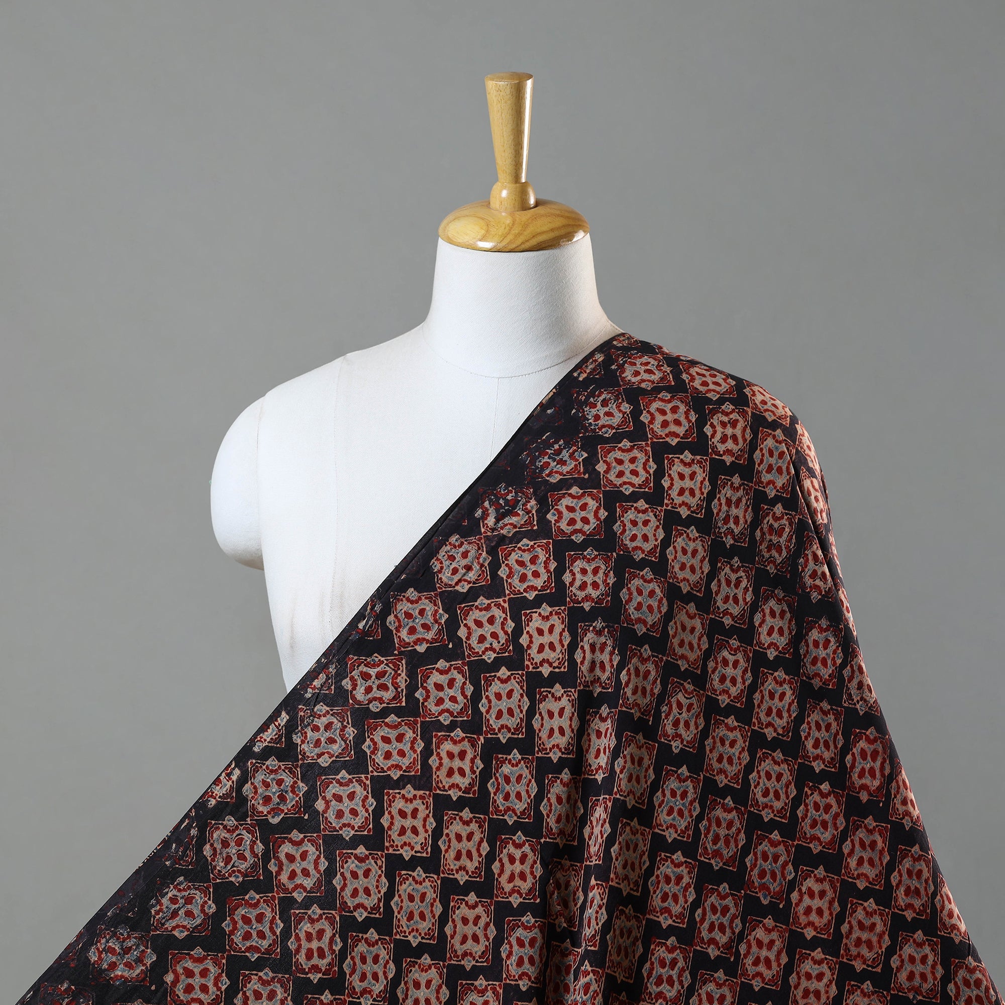RIYAZ ABDULMAJID KHATRI - AJRAKH Black - Hand Block Printed Modal Silk Ajrakh Fabric 07