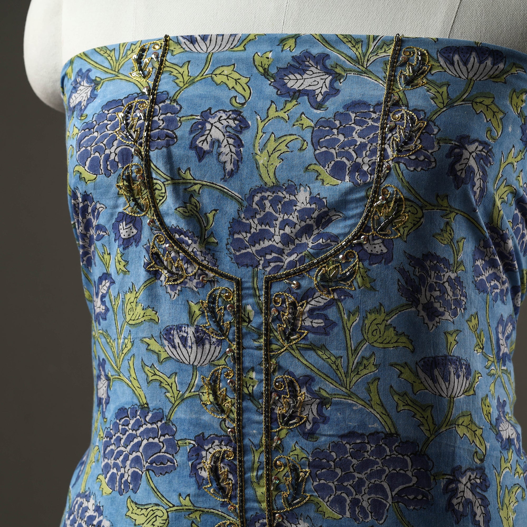 JUGNI Blue - Embroidered Sanganeri Block Print Cotton Kurta Material with Beads - 2.5 Meter - view 2