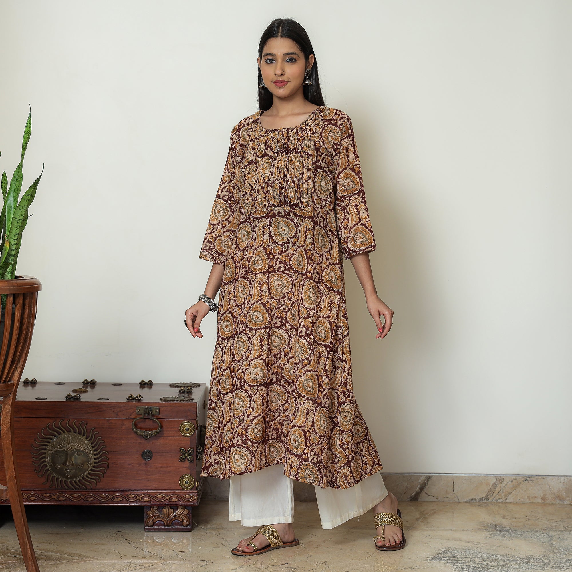 ITOKRI CASUALS Brown - Kalamkari Hand Block Printed Mul Cotton Pintuck A-Line Kurta 03 - view 2