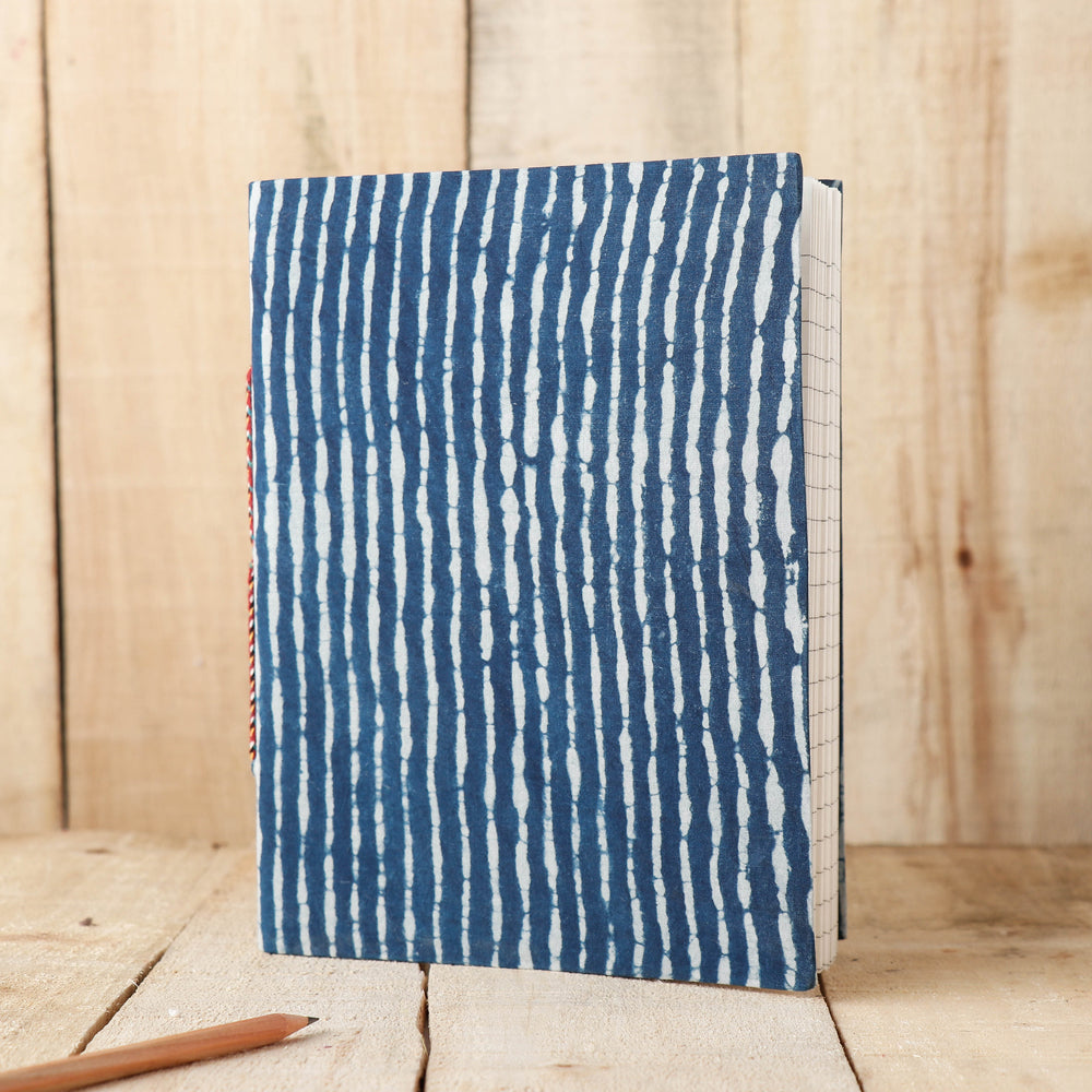 BINDAAS UNLIMITED Blue - Art Block Print Fabric Cover Handmade Paper Notebook (9 x 7 in)