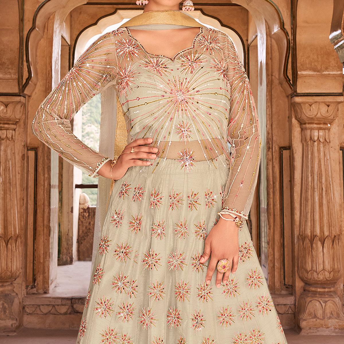 Peachmode Light Grey Partywear Embroidered & Swarovski Work Soft Net Gown - view 2
