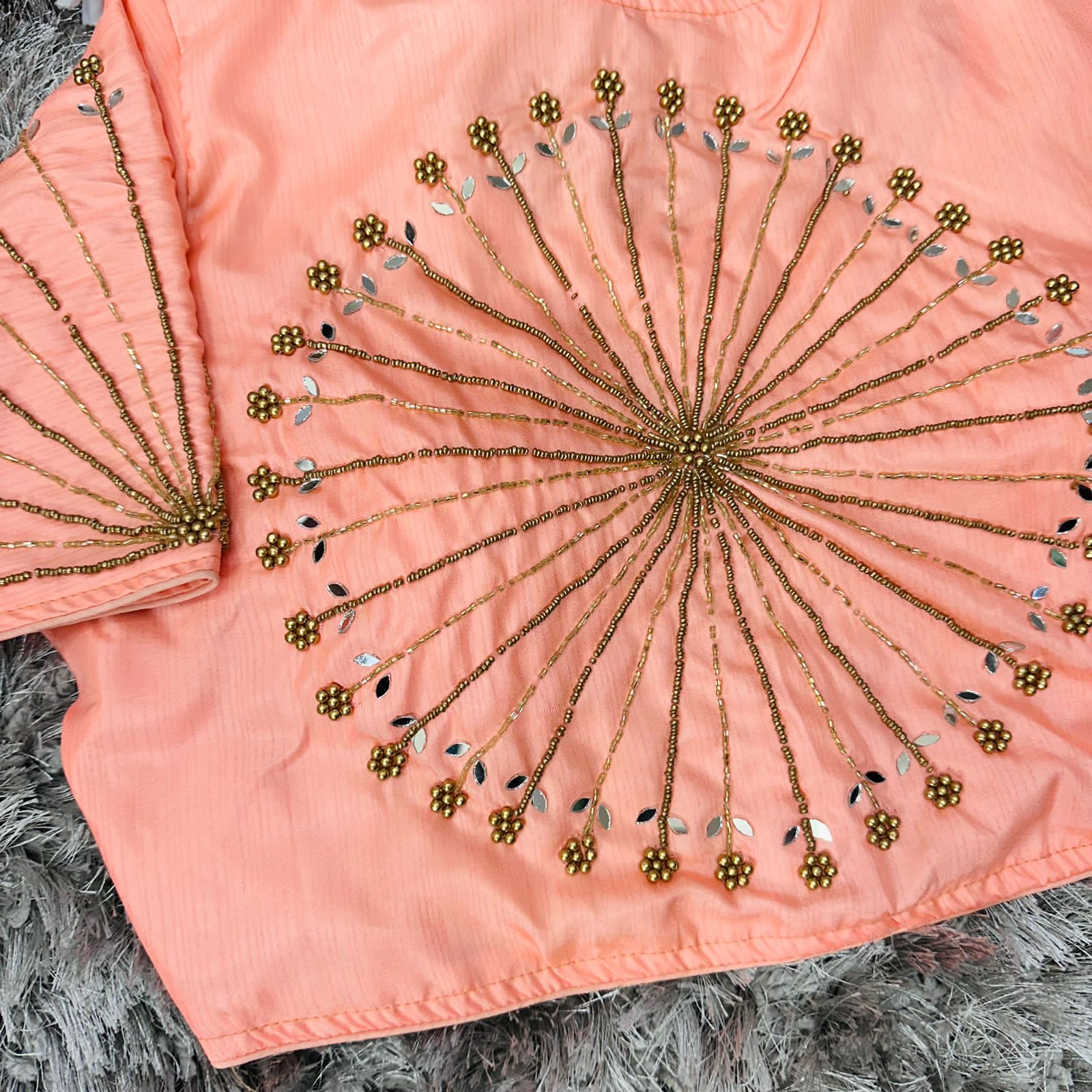 ClothsVilla Orange Handcrafted tumtum silk Golden Blouse with Ambla Mirror Accents - view 4