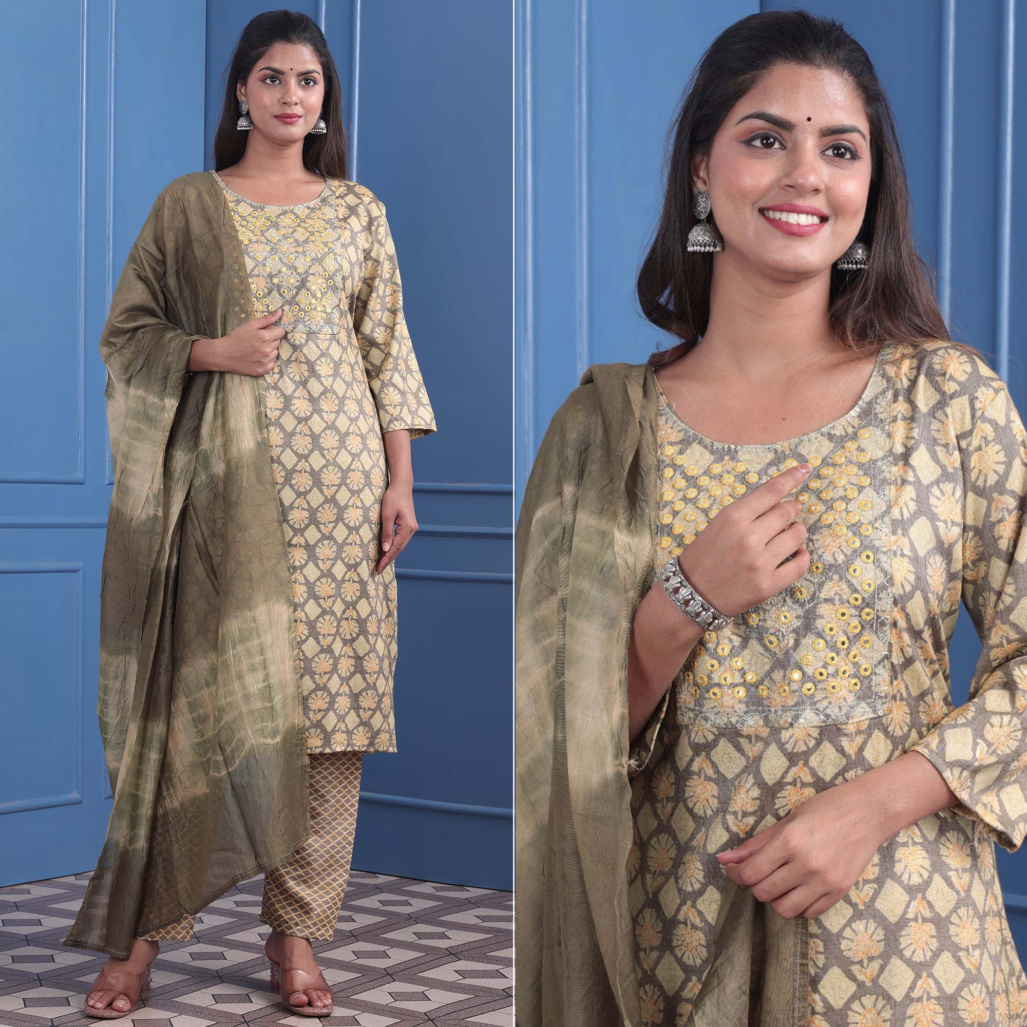Peachmode Seller Cream Floral Printed With Embroidered Rayon Suit