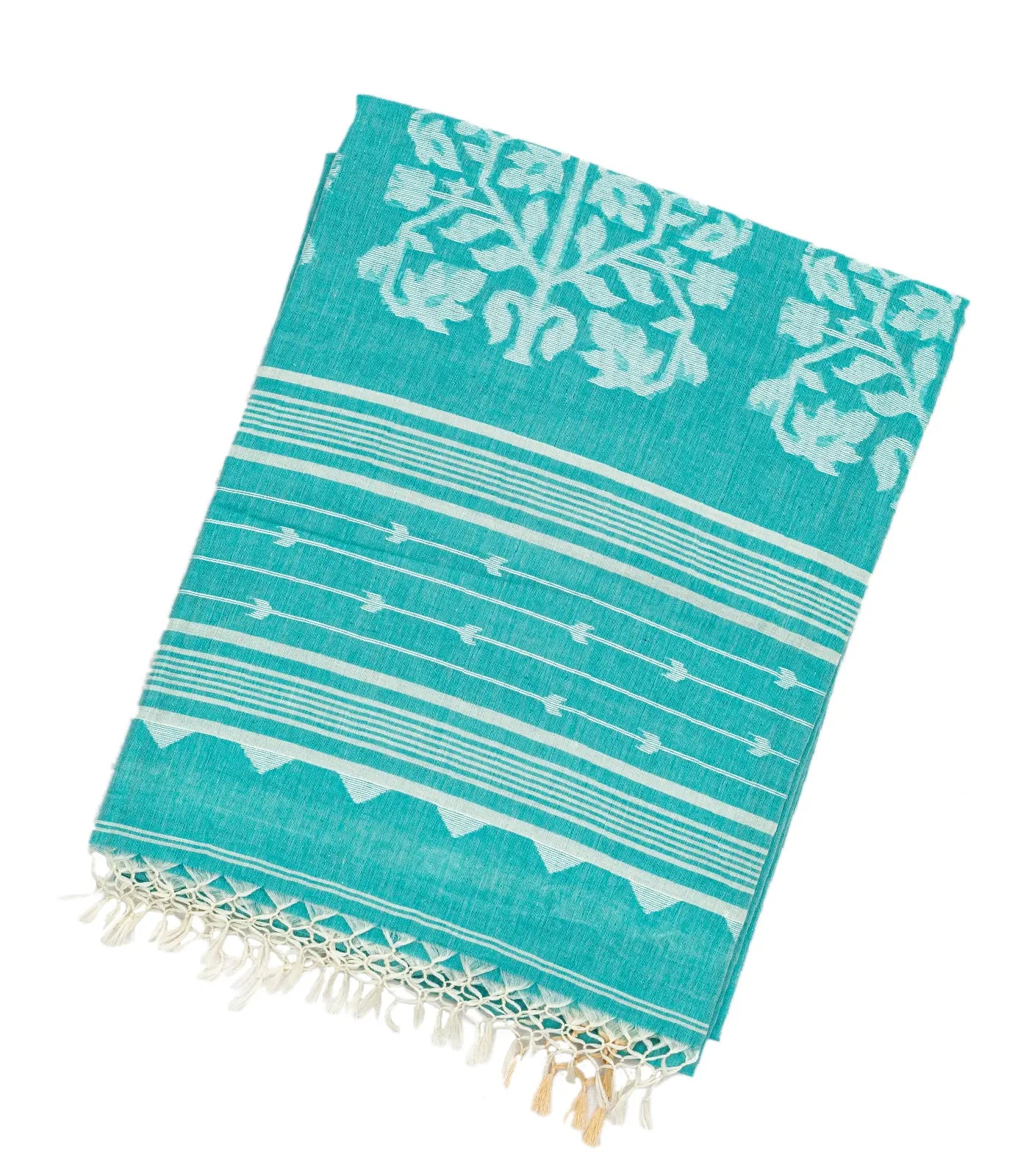 RmKV Turquoise Handloom Bengal Cotton Saree With Floral Buttas