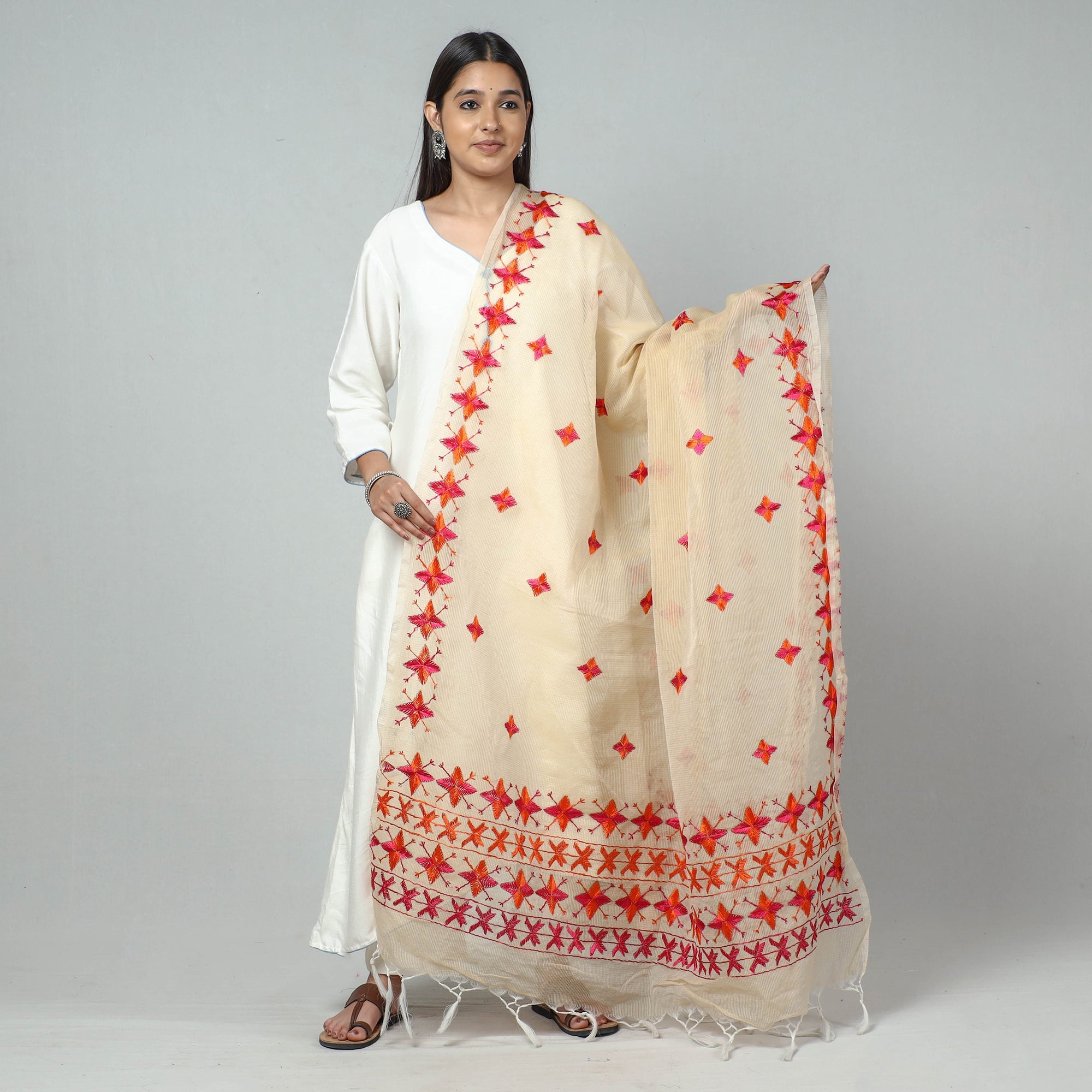 ITOKRI CRAFTS INITIATIVE Beige - Phulkari Hand Embroidery Kota Doria Silk Dupatta with Tassels