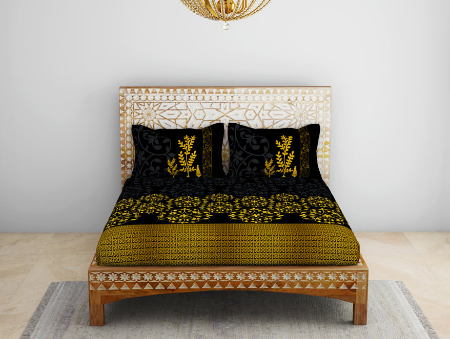Spaces India Floral Black 100% Cotton King Size Bedsheet - Gold - Rangana By Spaces