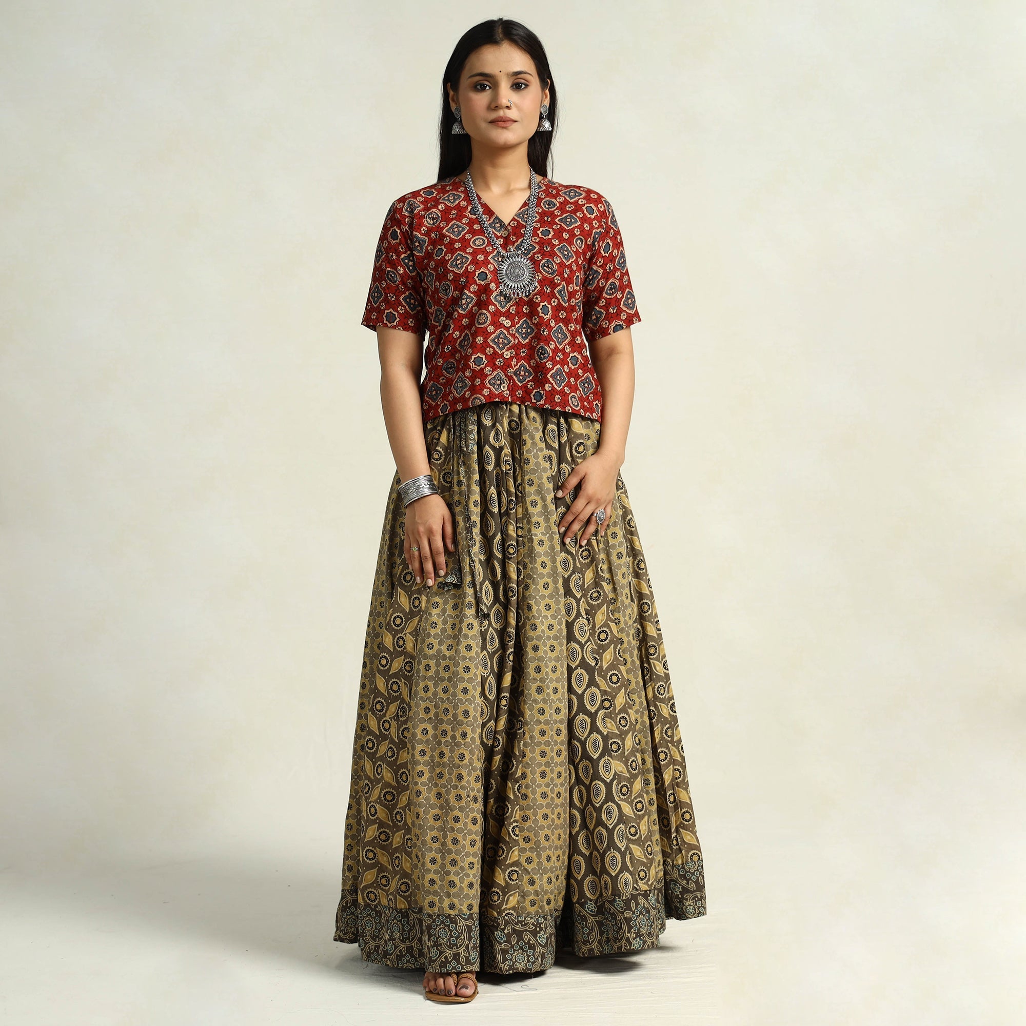 NOORI BAZAR Brown - Kutch Block Printed 24 Kali Cotton Long Skirt 12