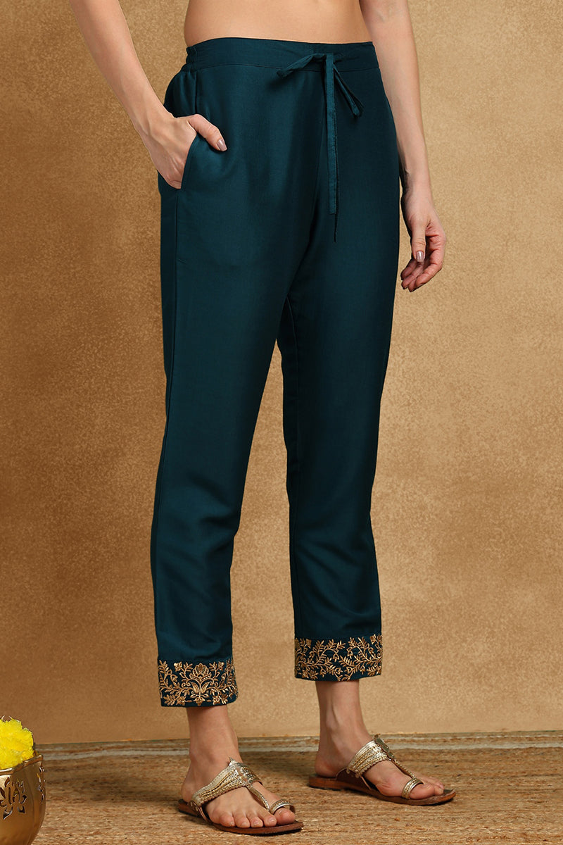 Ahika Teal Blue Silk Blend Solid Embroidered Anarkali Suit Set PKSKD2735 - view 5