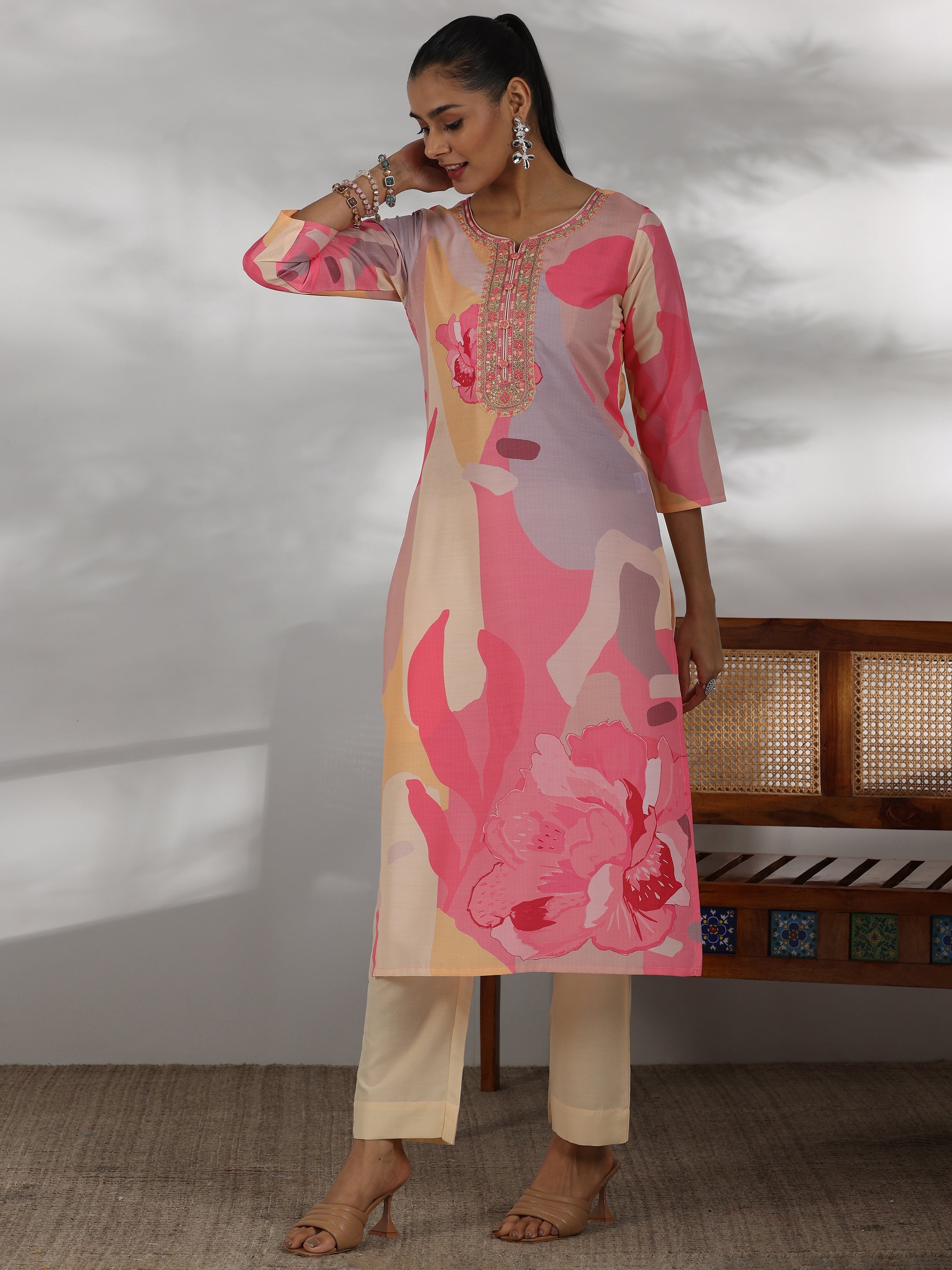Libas Cream Printed Cotton Blend Straight Suit With Dupatta - view 2