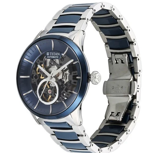 Titan Ceramic Fusion Automatic Blue Dial Silver Dual-Toned Stainless Steel Bracelet Watch for Men 42.2mm NT90174KD02 - view 2