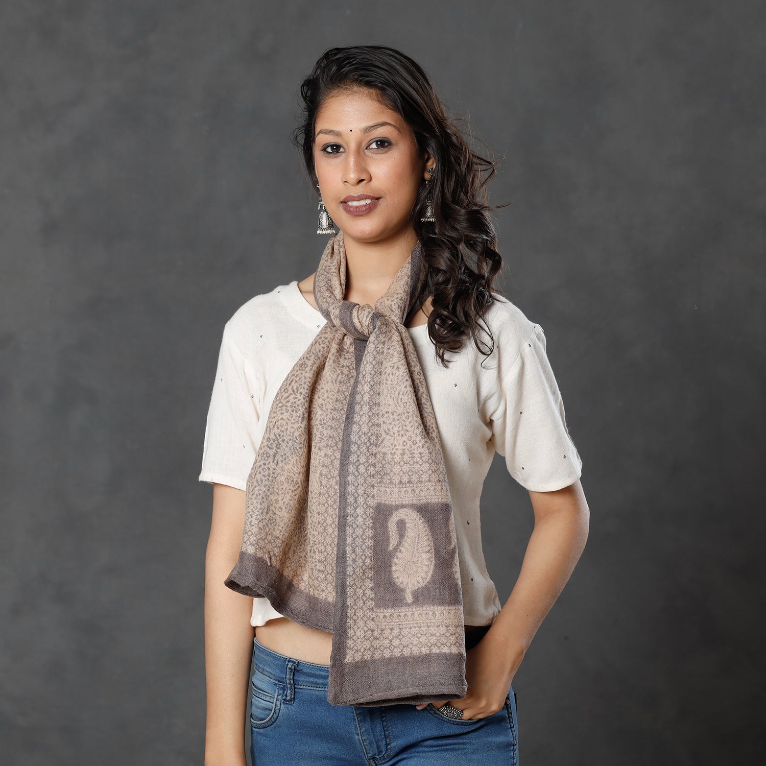 BAGH PRINTS BY MOHAMMED BILAL KHATRI Beige - Bagh Block Printed Natural Dyed Woolen Muffler (61 in)