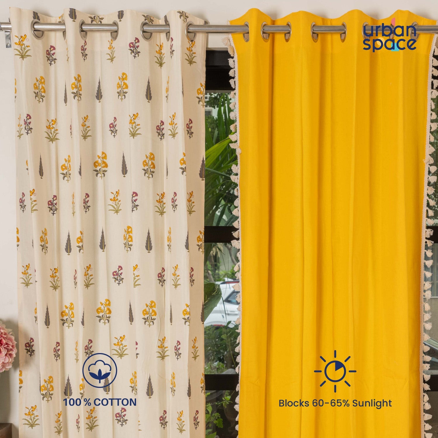 Urban Space -Home Furnishing Store Cotton Curtains Combo, Set of 3 curtains, 60-65% Room Darkening Curtain - High Garden & Aura Yellow - view 2