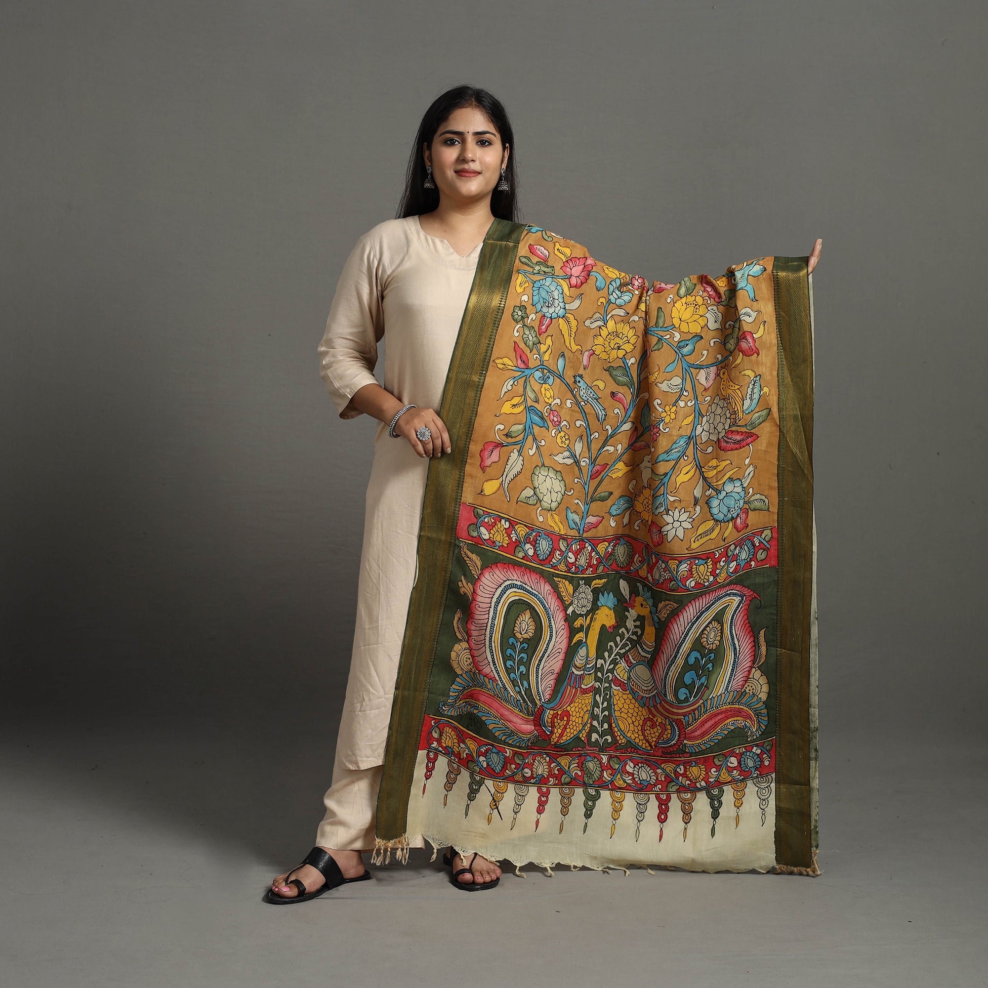 SOUTH KARGHA Brown - Chanderi Silk Srikalahasti Handpainted Pen Kalamkari Dupatta 73