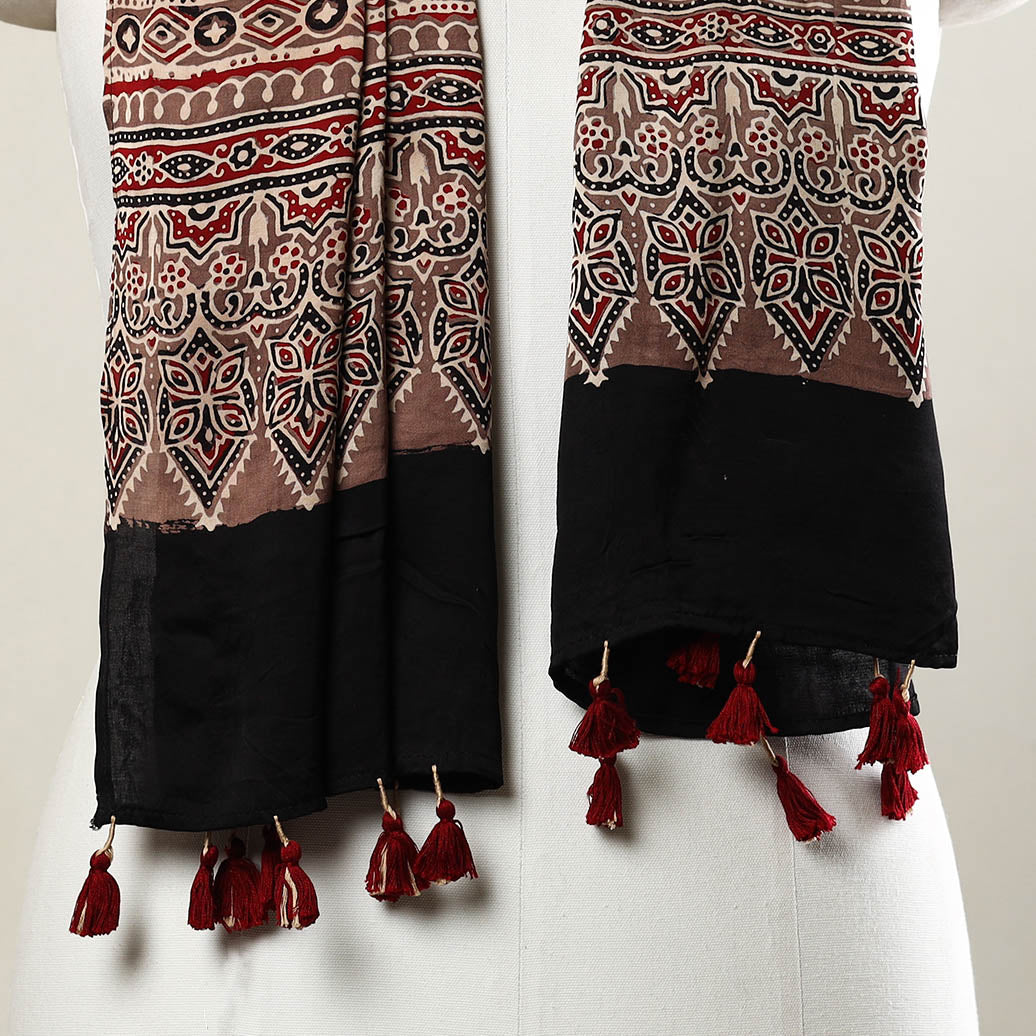 RIYAZ ABDULMAJID KHATRI - AJRAKH Brown - Ajrakh Block Printed Modal Silk Stole with Tassels - view 3