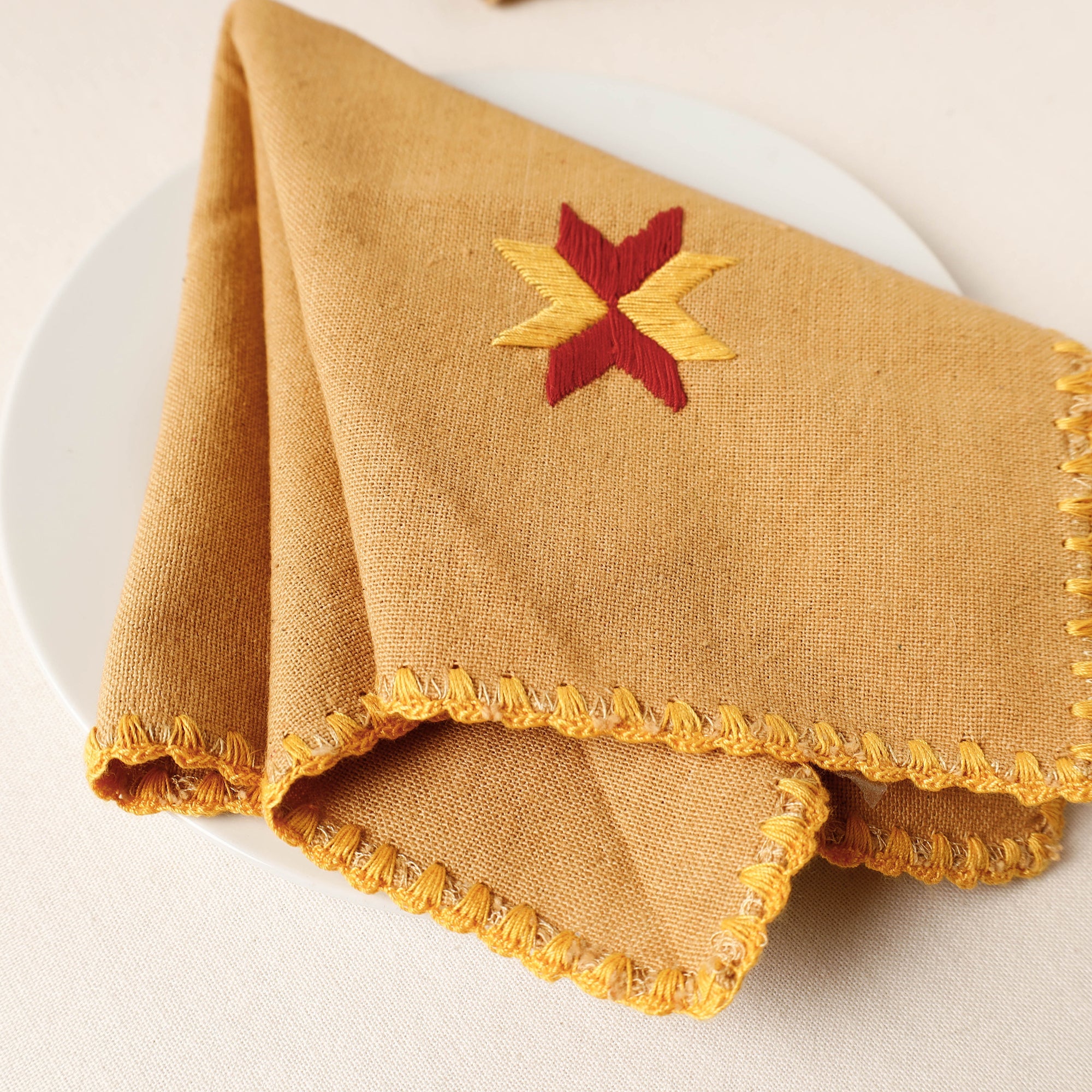 PATIALA HANDICRAFTS Brown - Phulkari Embroidery Reversible Plain Handloom Cotton Napkin (14 x 14 in) - view 2