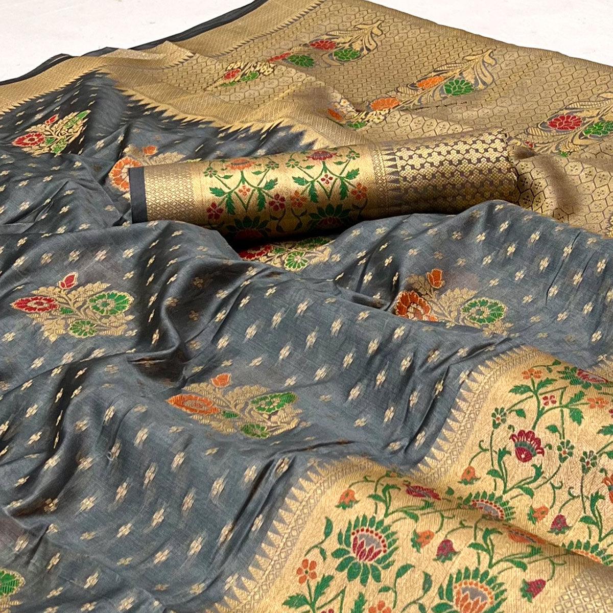 Peachmode Grey Woven Organza Saree – Women's - view 2