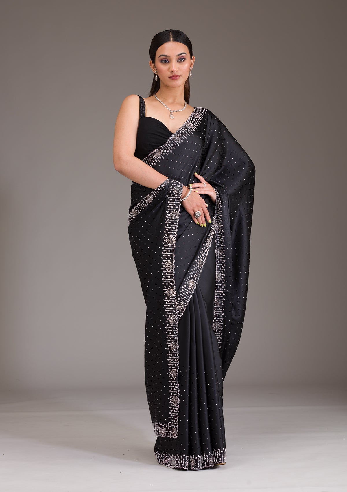 Koskii Black Swarovski Satin Saree – Women's