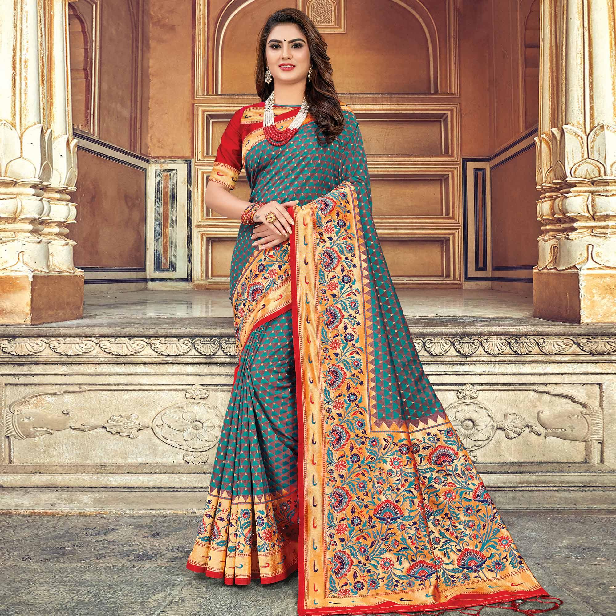Peachmode Charming Aqua Blue Colored Festive Wear Woven Silk Saree