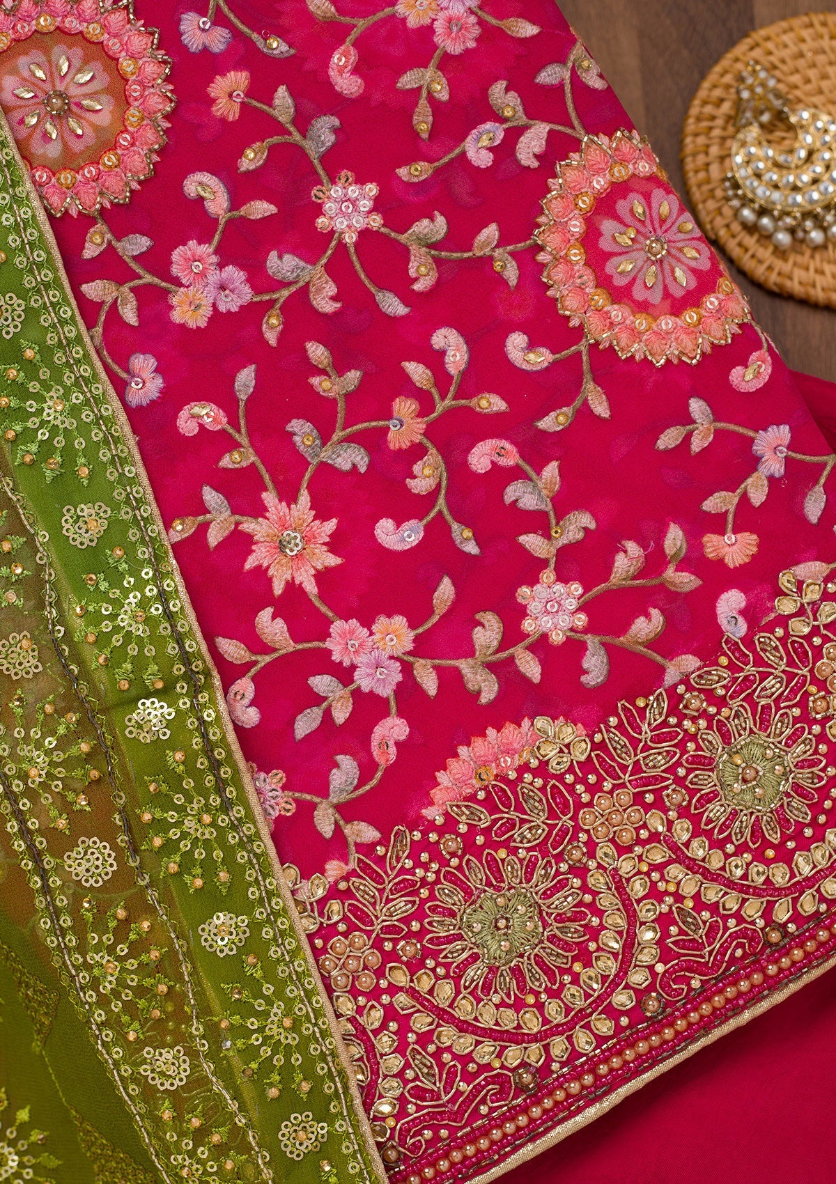 Koskii Rani Pink Threadwork Semi Crepe Unstitched Salwar Suit - view 2