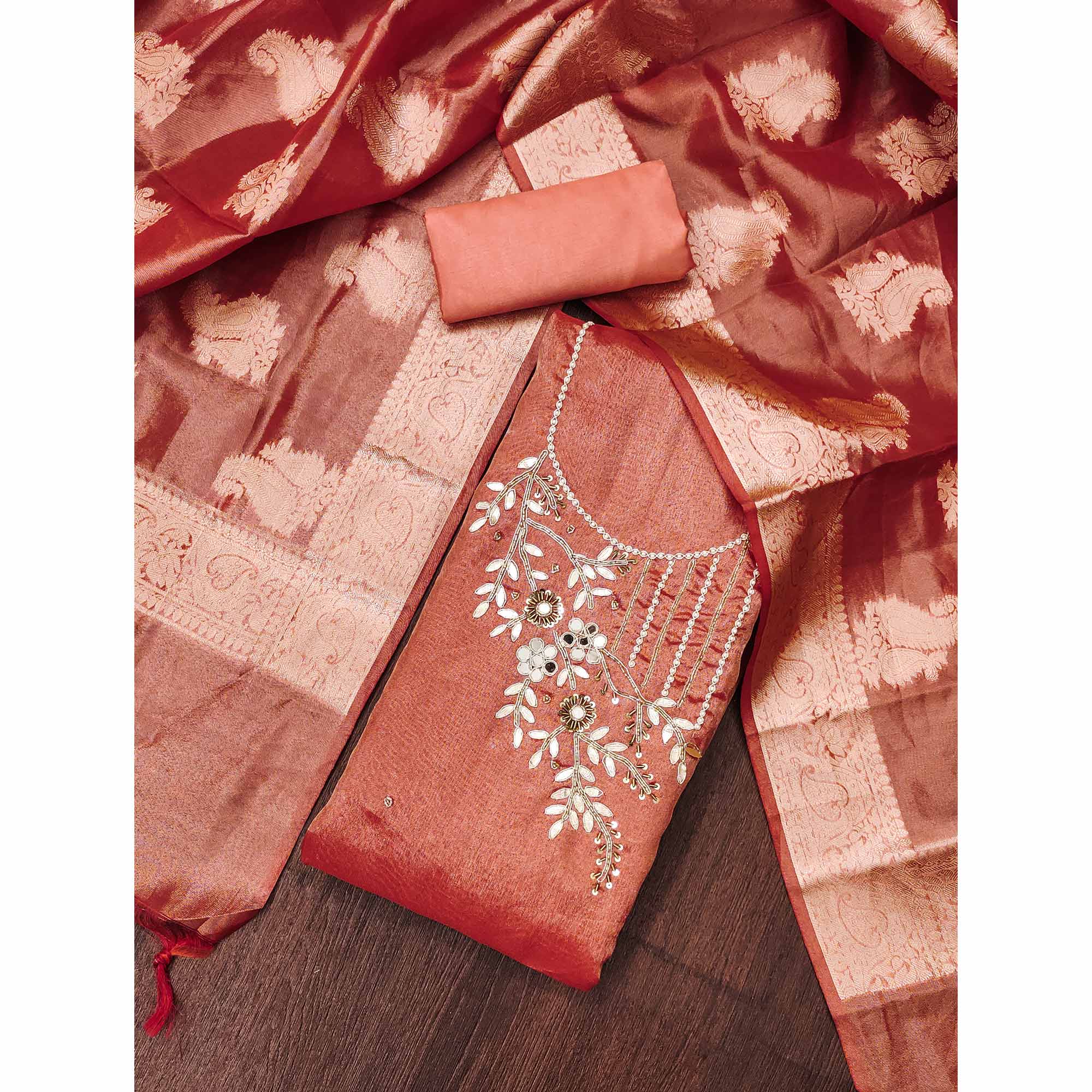 Peachmode Dark Peach Floral Moti With Gota Patti Handwork Viscose Dress Material - view 3