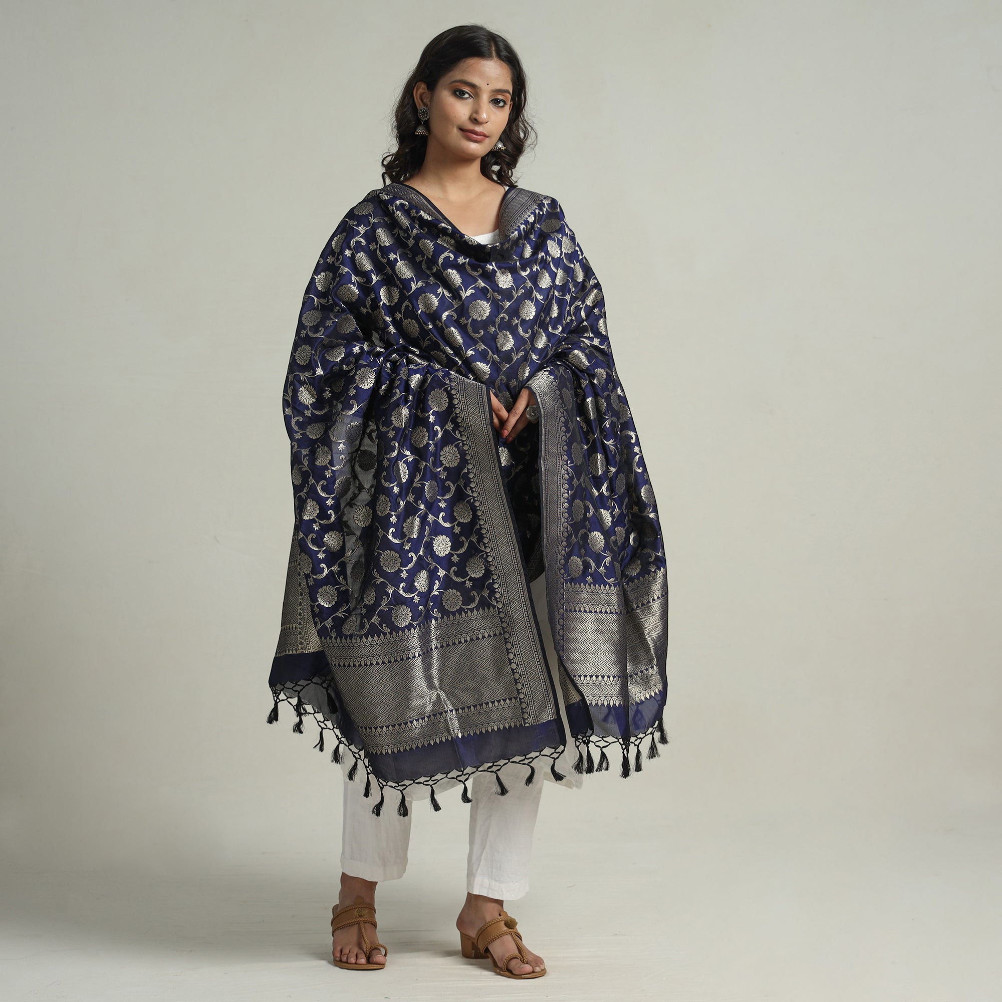 BANARASI BY MAQBUL HASAN Blue - Banarasi Semi Silk Zari Jaal Dupatta with Tassels 85 - view 2