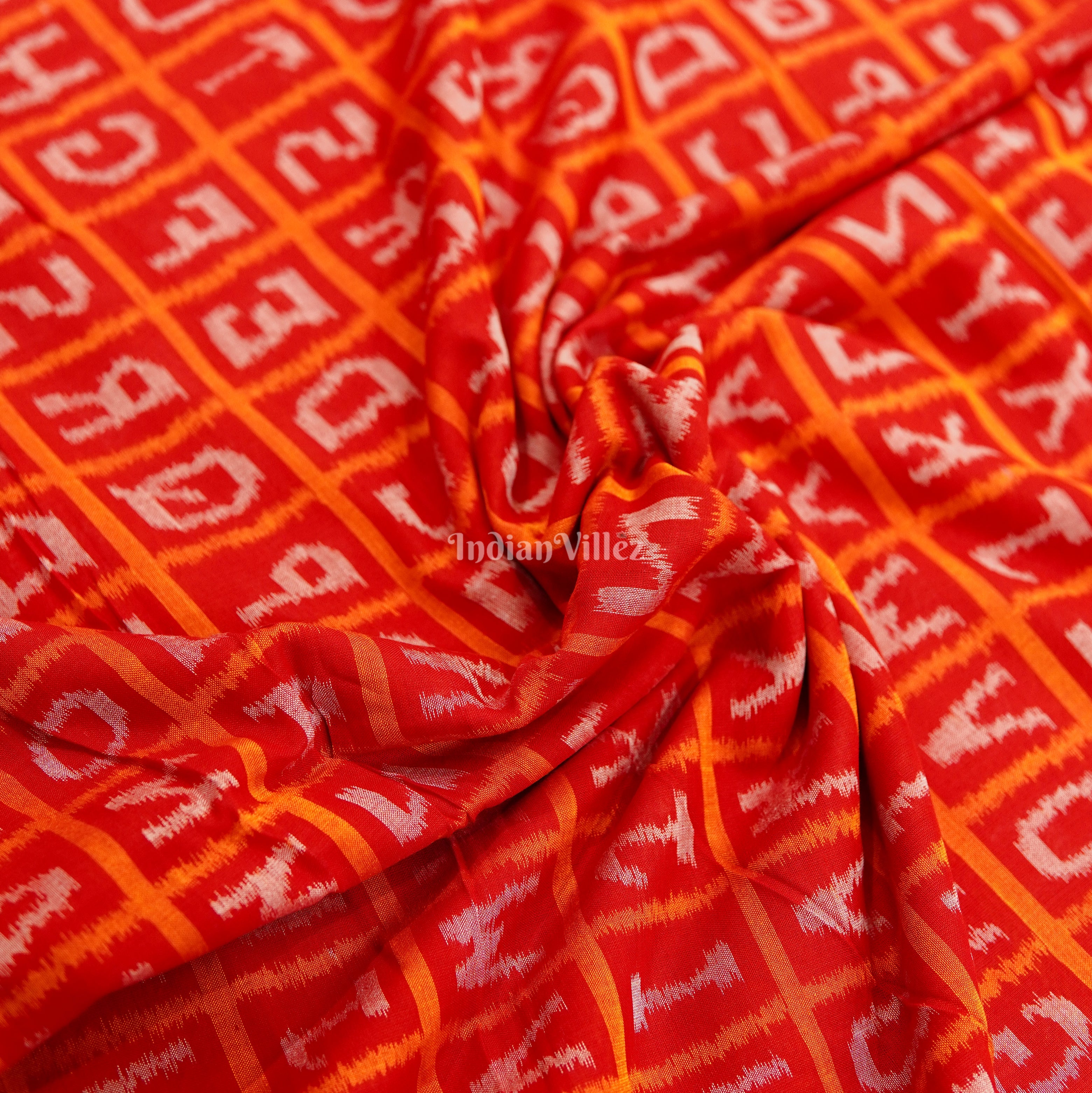 IndianVillèz Red Off White English Alphabet Sambalpuri Cotton Fabric