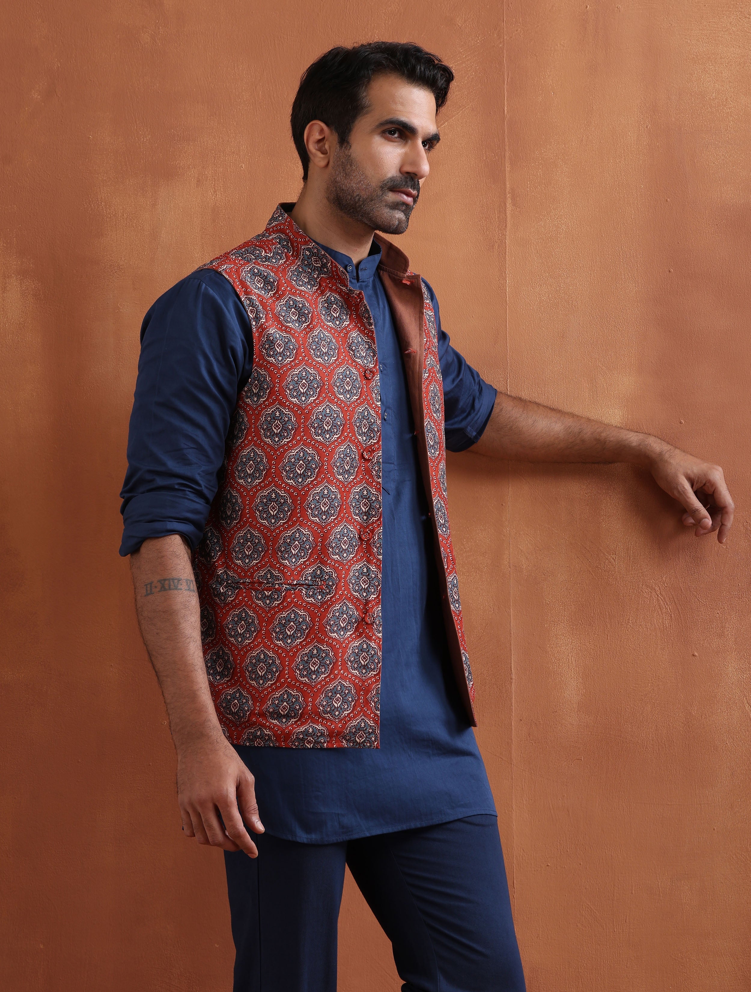 trueBrowns Men's Rust Printed Reversible Nehru Jacket - view 2