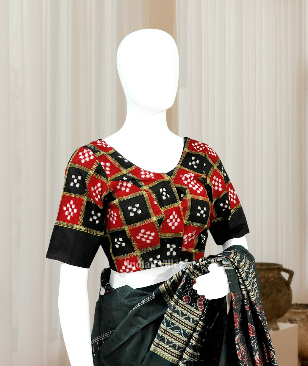 IndianVillèz Black Red Pasapali Odisha Ikat Sambalpuri Cotton Blouse