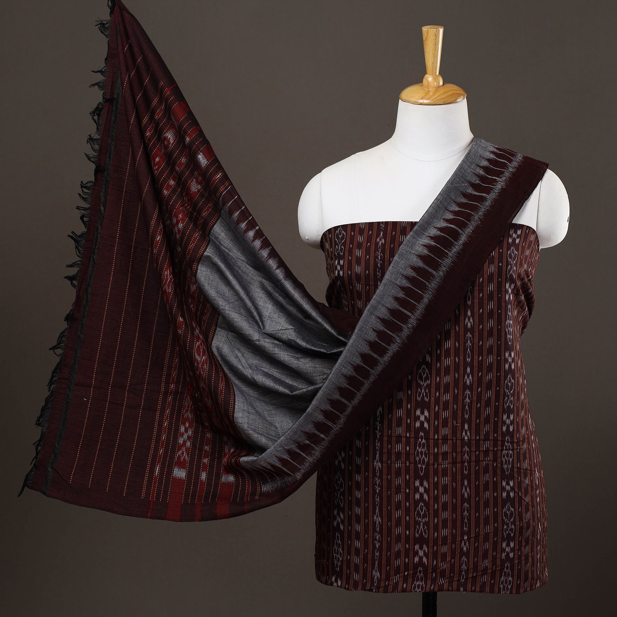 ASHOKA ASSEMBLE - CELEBRATING CRAFTS OF ODISHA Brown - 3pc Handloom Cotton Sambalpuri Ikat Dress Material 04