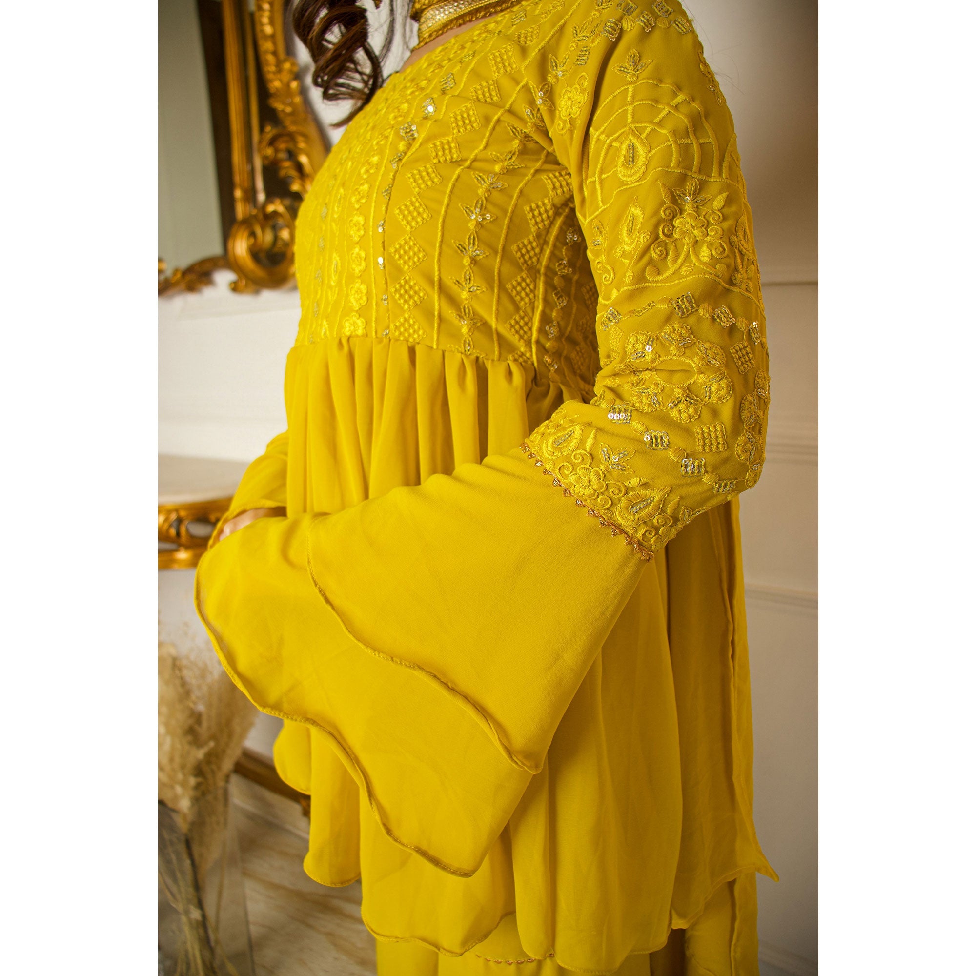 Peachmode Seller Lemon Yellow Sequins Embroidered Georgette Sharara Suit - view 10