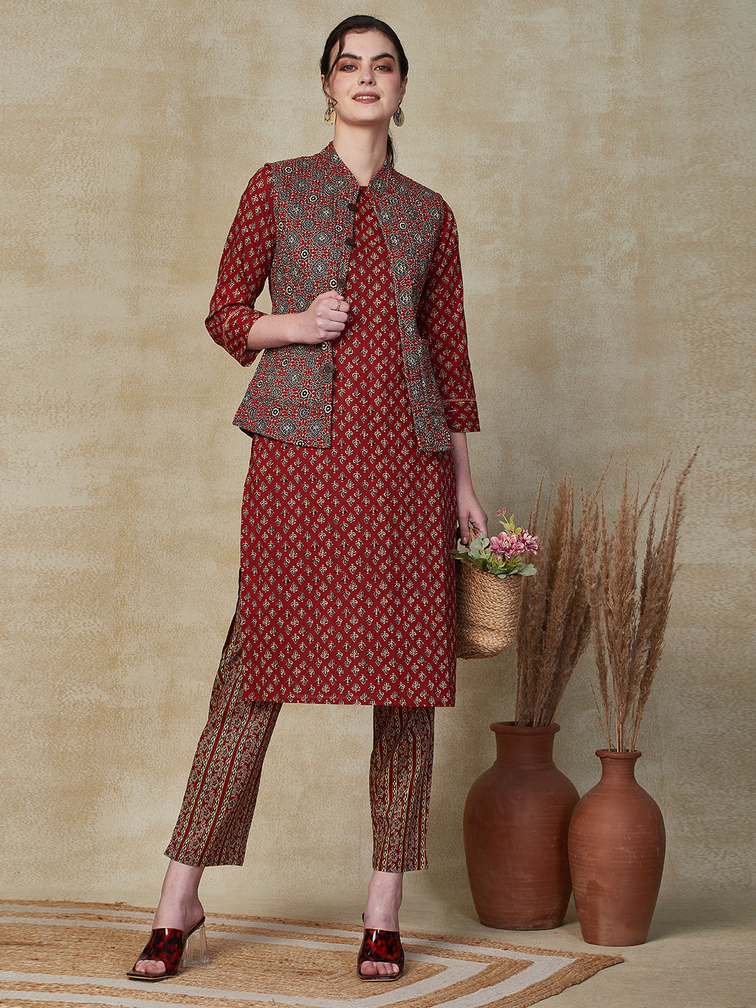 Fashor Ethnic Floral Printed Straight Kurta & Pant with Quilted Printed Jacket - Maroon