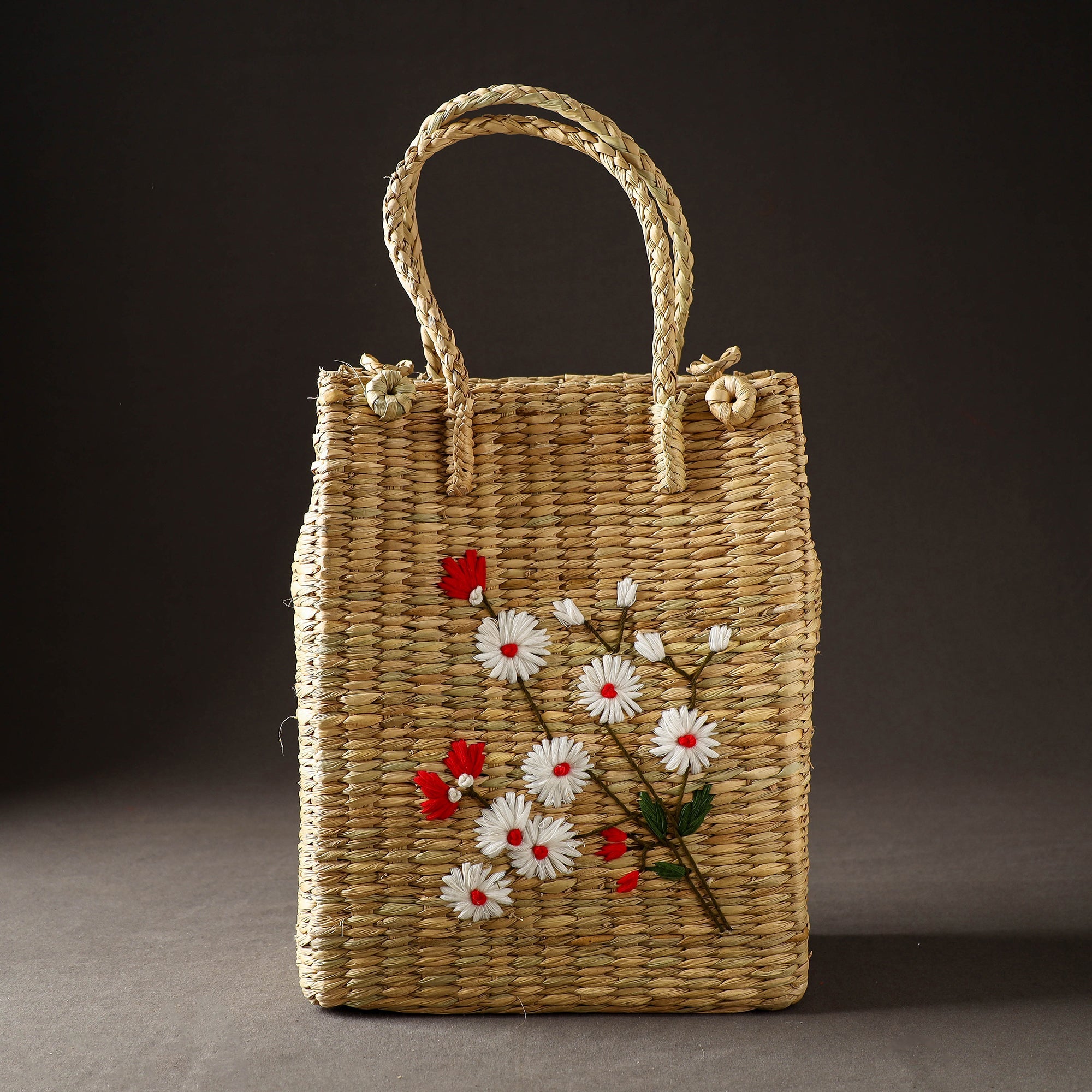 ITOKRI CRAFTS INITIATIVE Beige - Handcrafted Natural Water Reed Embroidered Shopping Bag