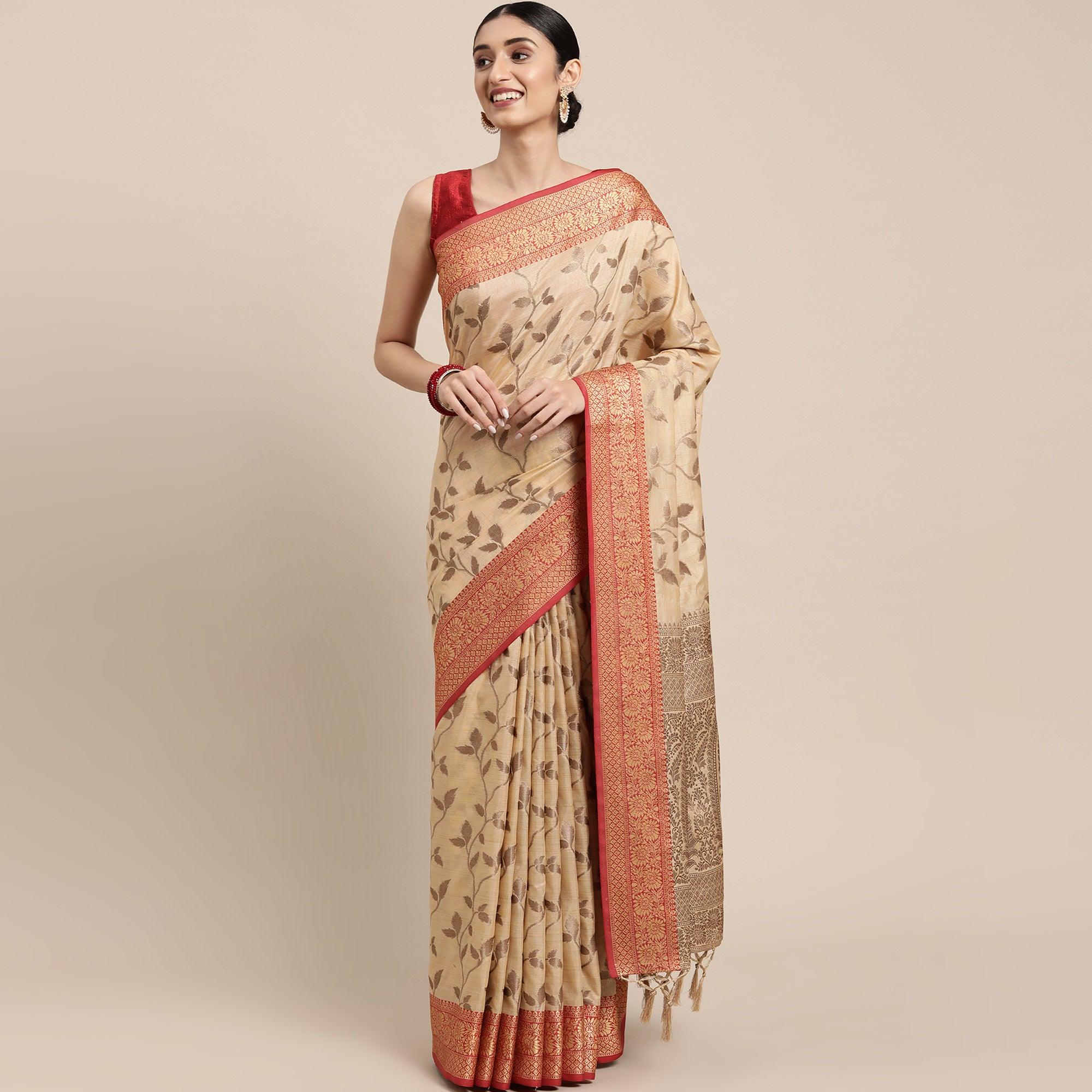Peachmode Chikoo Woven Cotton Silk Saree With Tassels - view 2