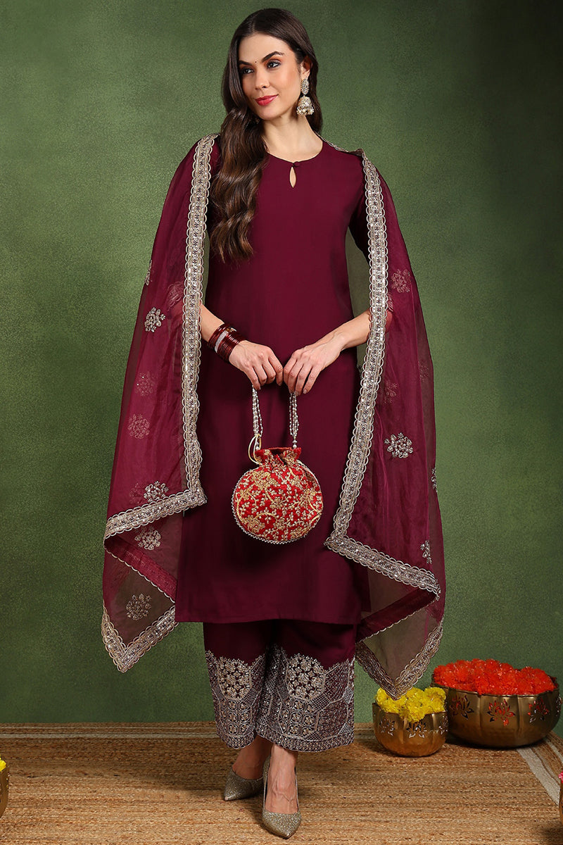 Ahika Burgundy Silk Blend Solid Straight Suit Set With Palazzo Style Bottom PKSKD2745 - view 2