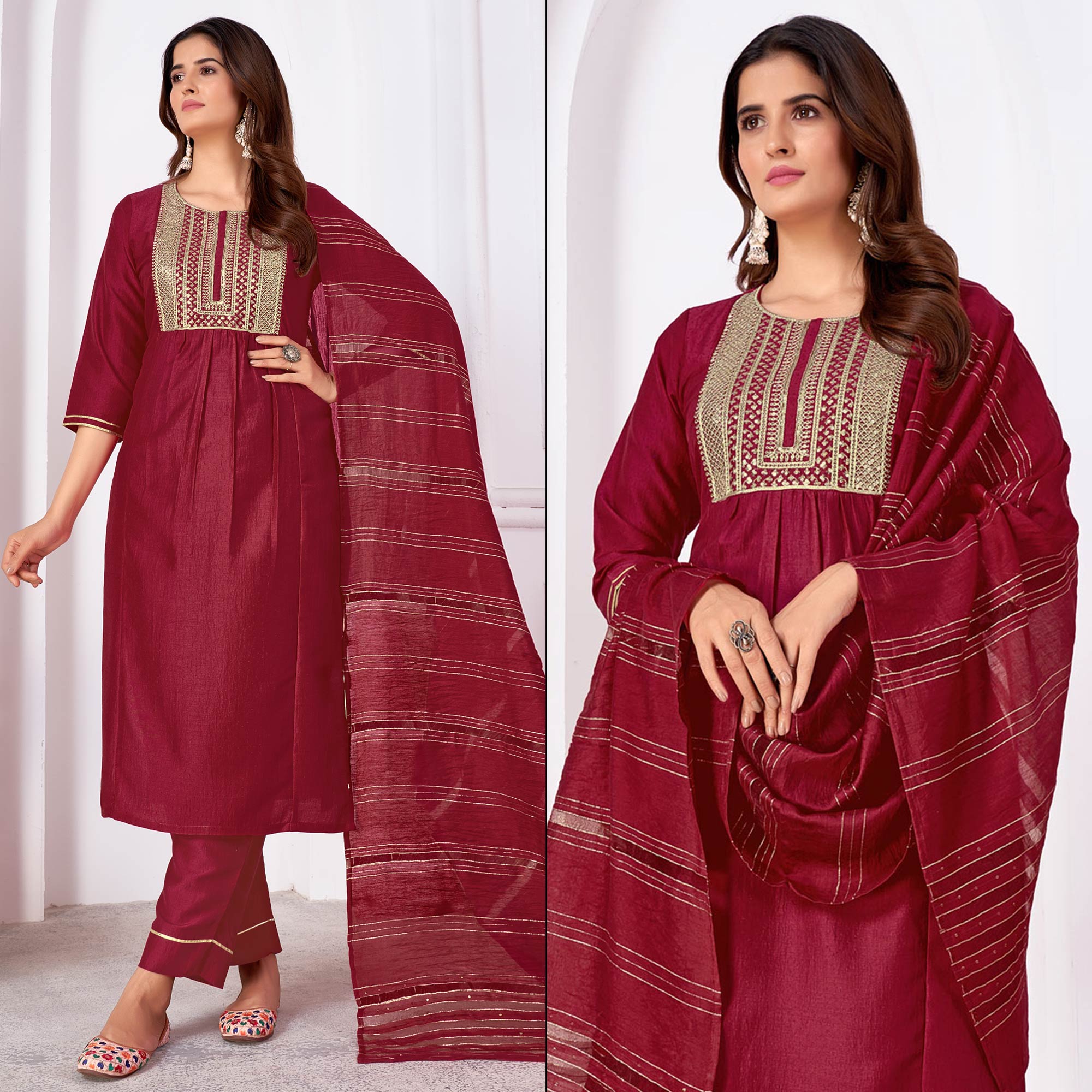 Peachmode Seller Maroon Embroidered Art Silk Salwar Suit