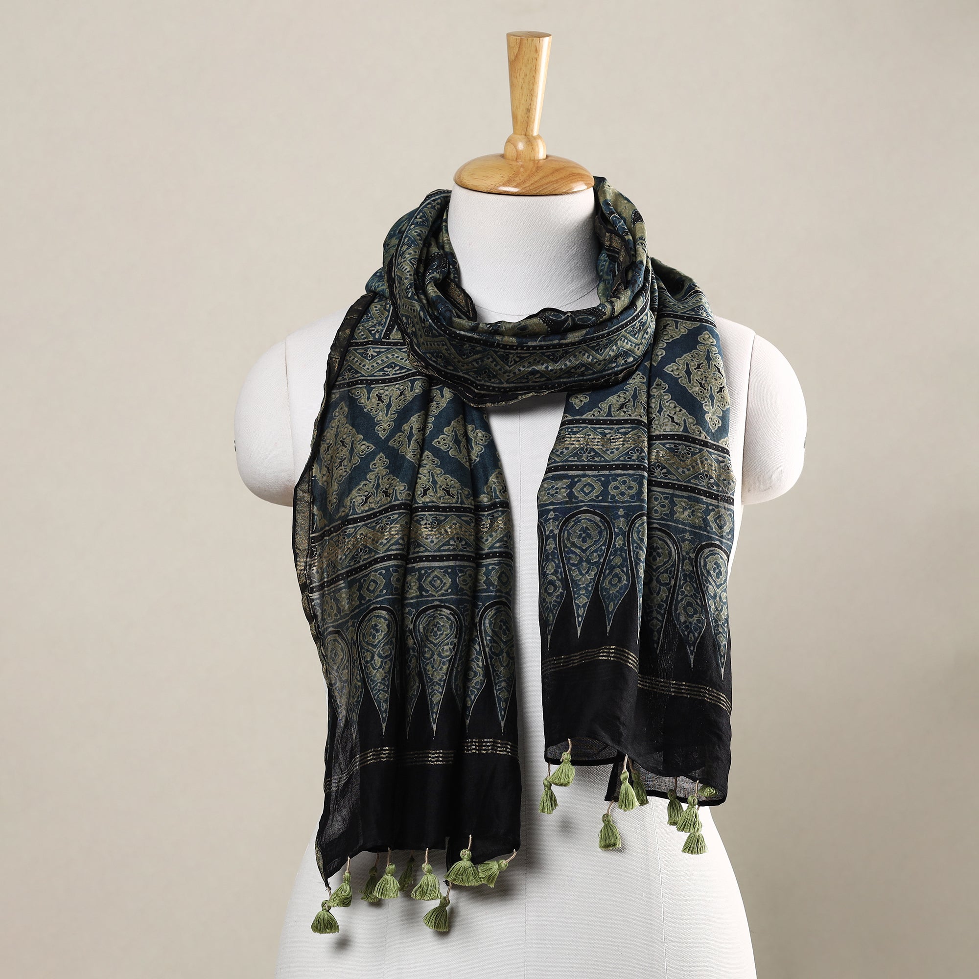 AJRAKH BY SUFIYAN ISMAIL KHATRI Blue - Ajrakh Hand Block Printed Chanderi Silk Handloom Stole with Tassels