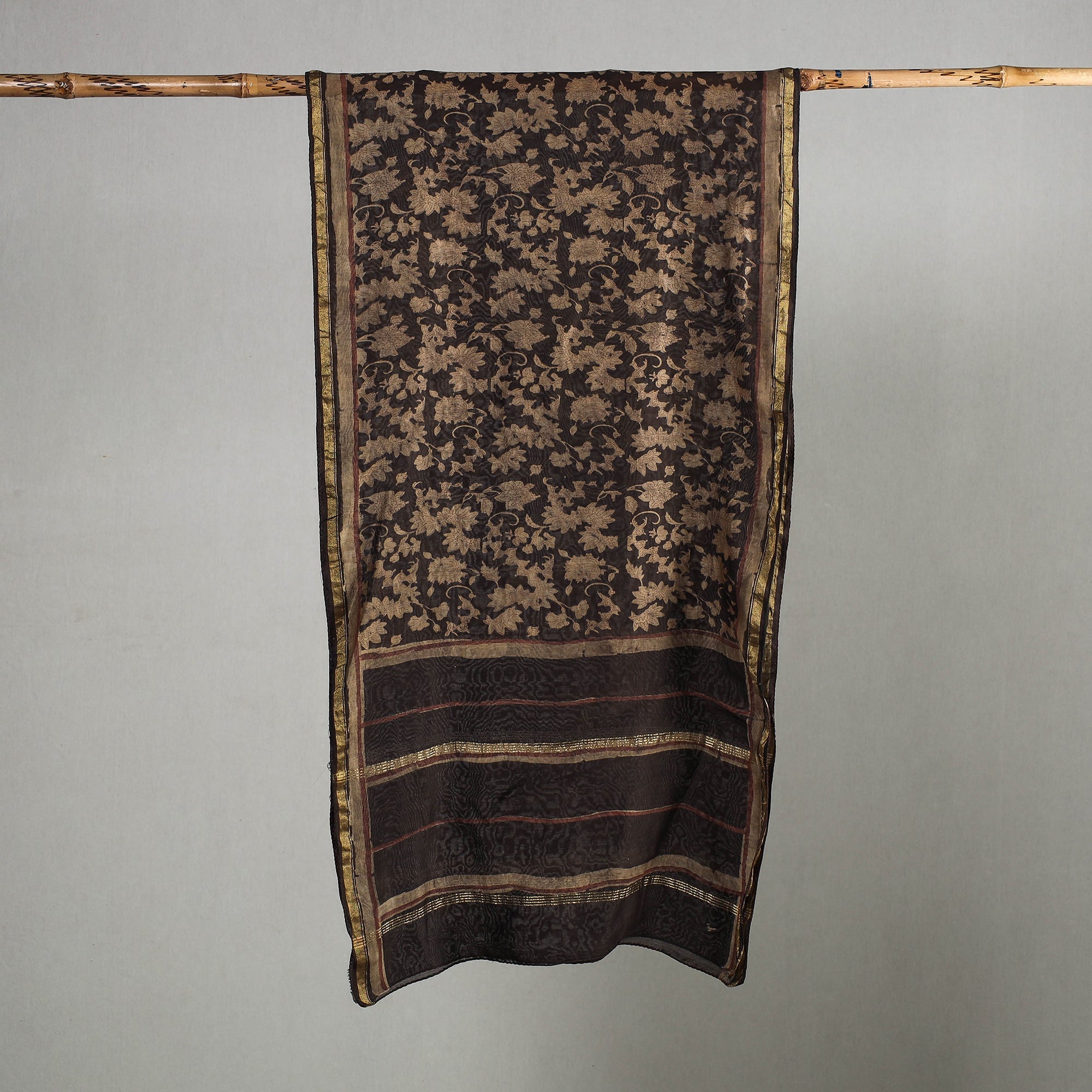 HAVELI CHRONICLES Brown - Akola Block Printed Chanderi Silk Handloom Stole with Zari Border - view 2