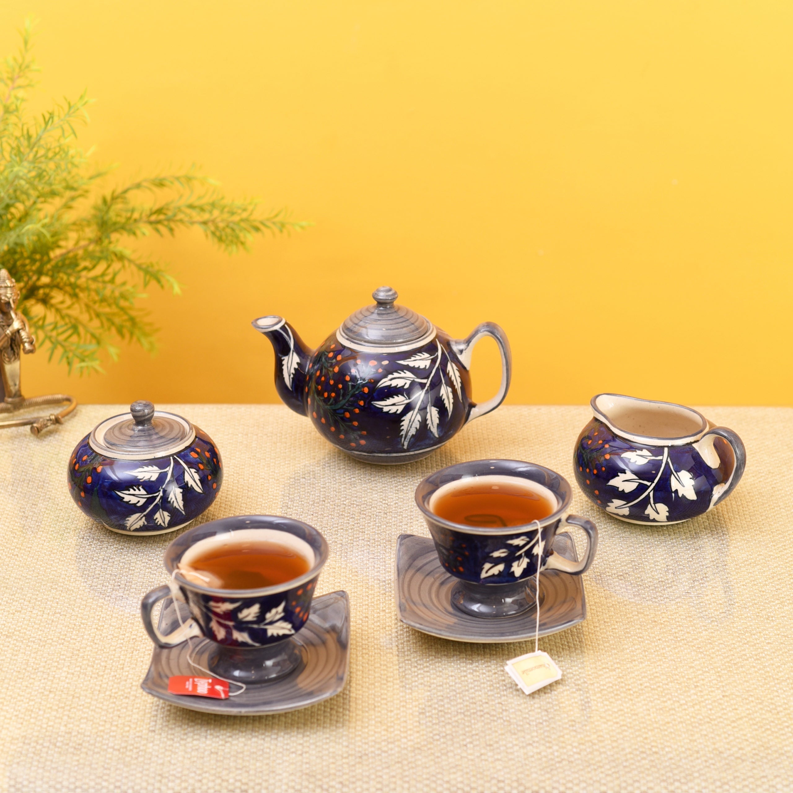 Set w cups – ART CREATIONS BY SUMAN SONTHALIA Blue - Blooming Leaves Tea Set w/Cups, Saucer & Creamer