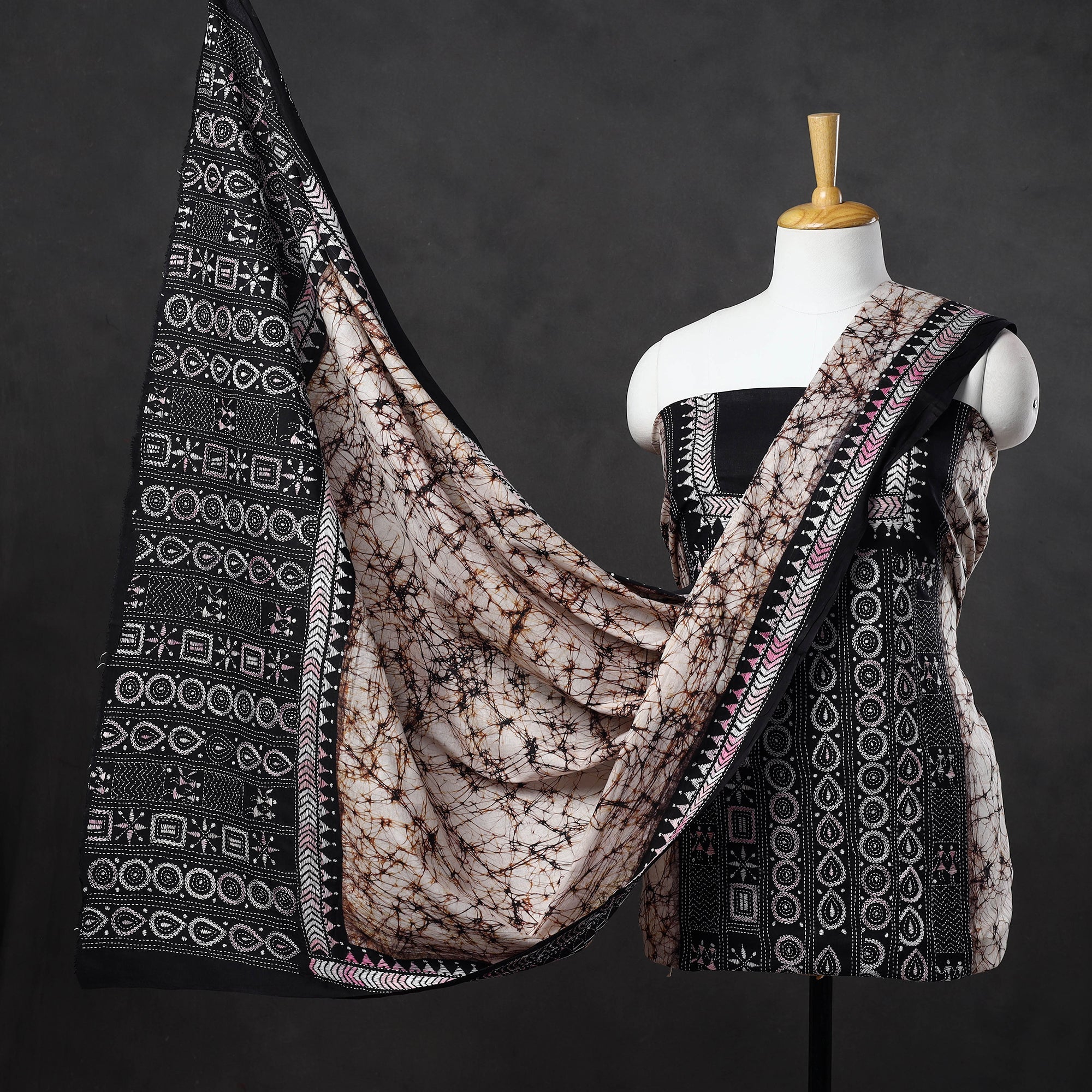 KHUSHBASH - HAPPY LOOM OF EAST Brown - 3pc Kantha Embroidery Cotton Batik Print Dress Material 17