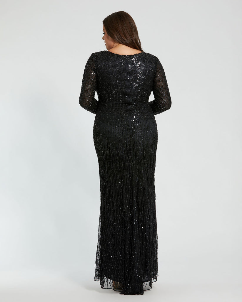 Mac Duggal 5947 Long Sleeve Beaded Fringe Plus Size Formal Dress - view 2