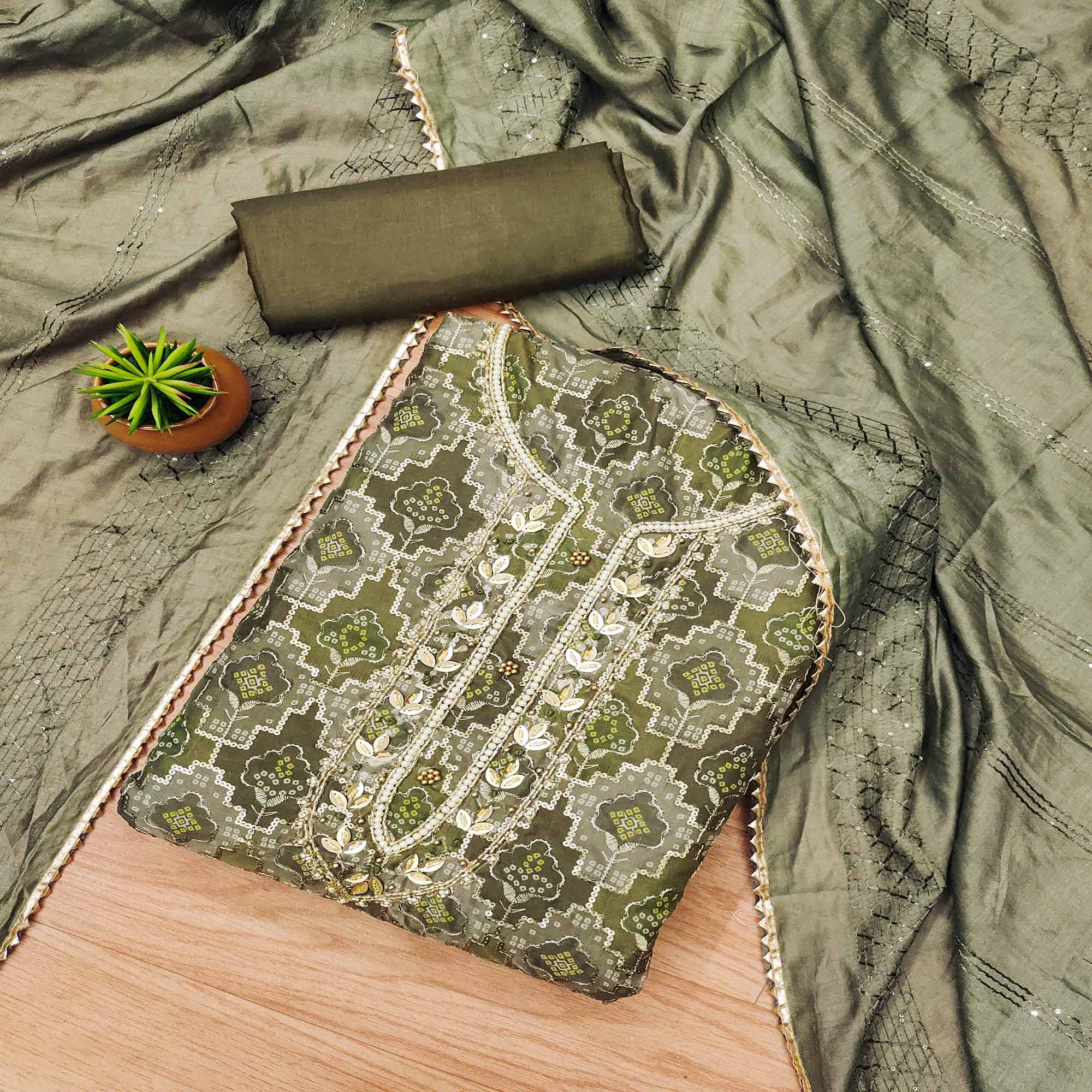 Peachmode Mehendi Green Sequins Embroidered With Printed Organza Dress Material