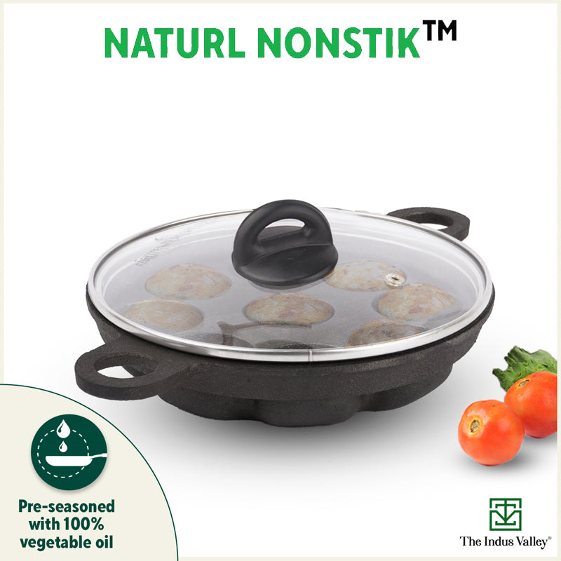 The Indus Valley 9 Pit/Cup CASTrong Cast Iron Paniyaram/Appe Pan+ Glass Lid, Pre-seasoned, Natural Nonstick, 100% Pure, Toxin-free, 21 cm, 2.7 kg - view 8