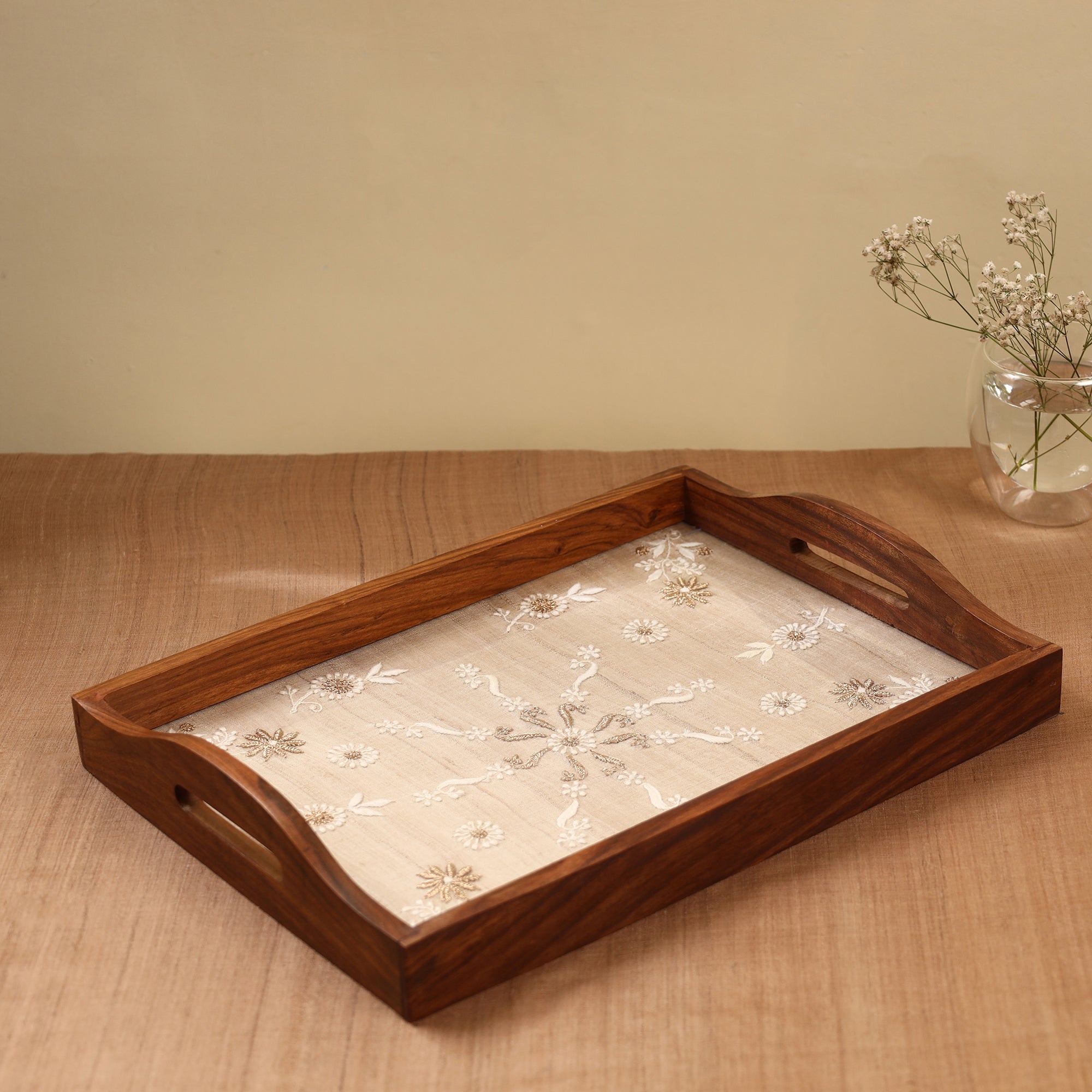 LAVANGG Beige - Chikankari Zari Hand Embroidered Sheesham Wood Tray - view 2