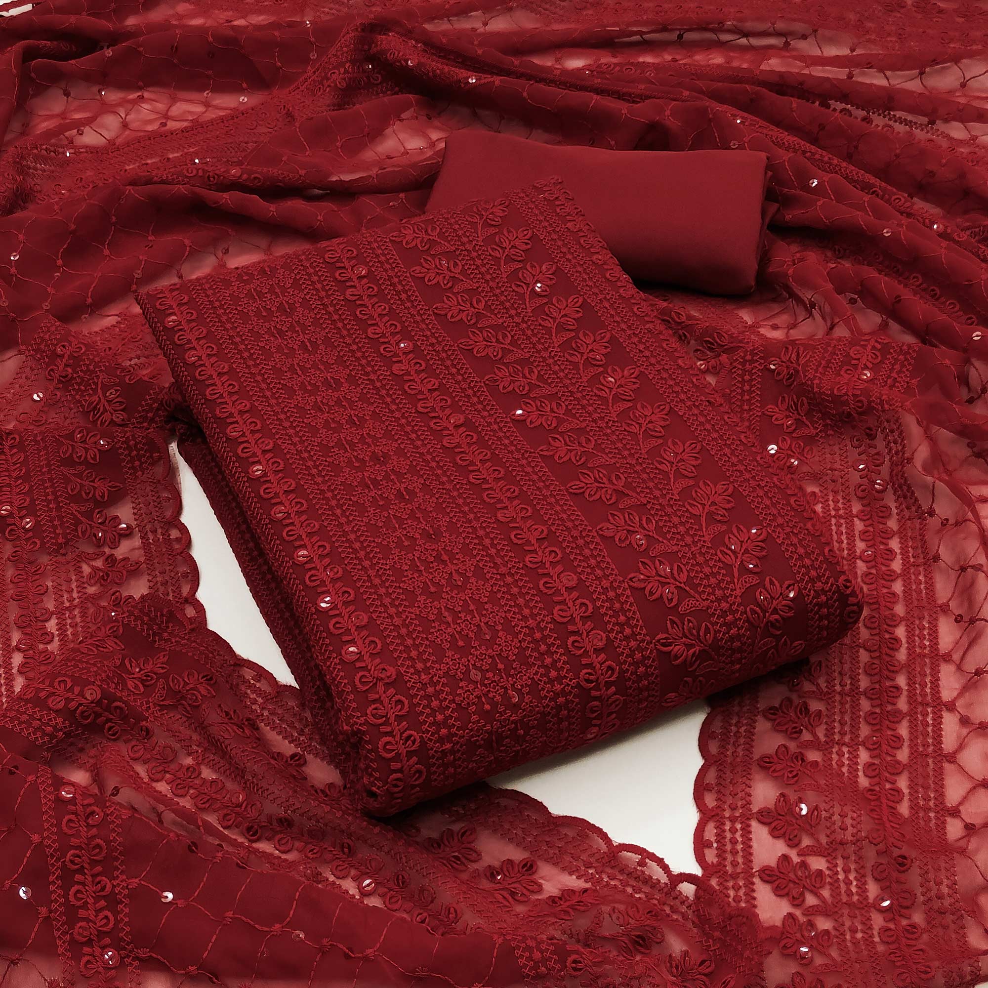 Peachmode Maroon Lucknowi Embroidered Georgette Dress Material