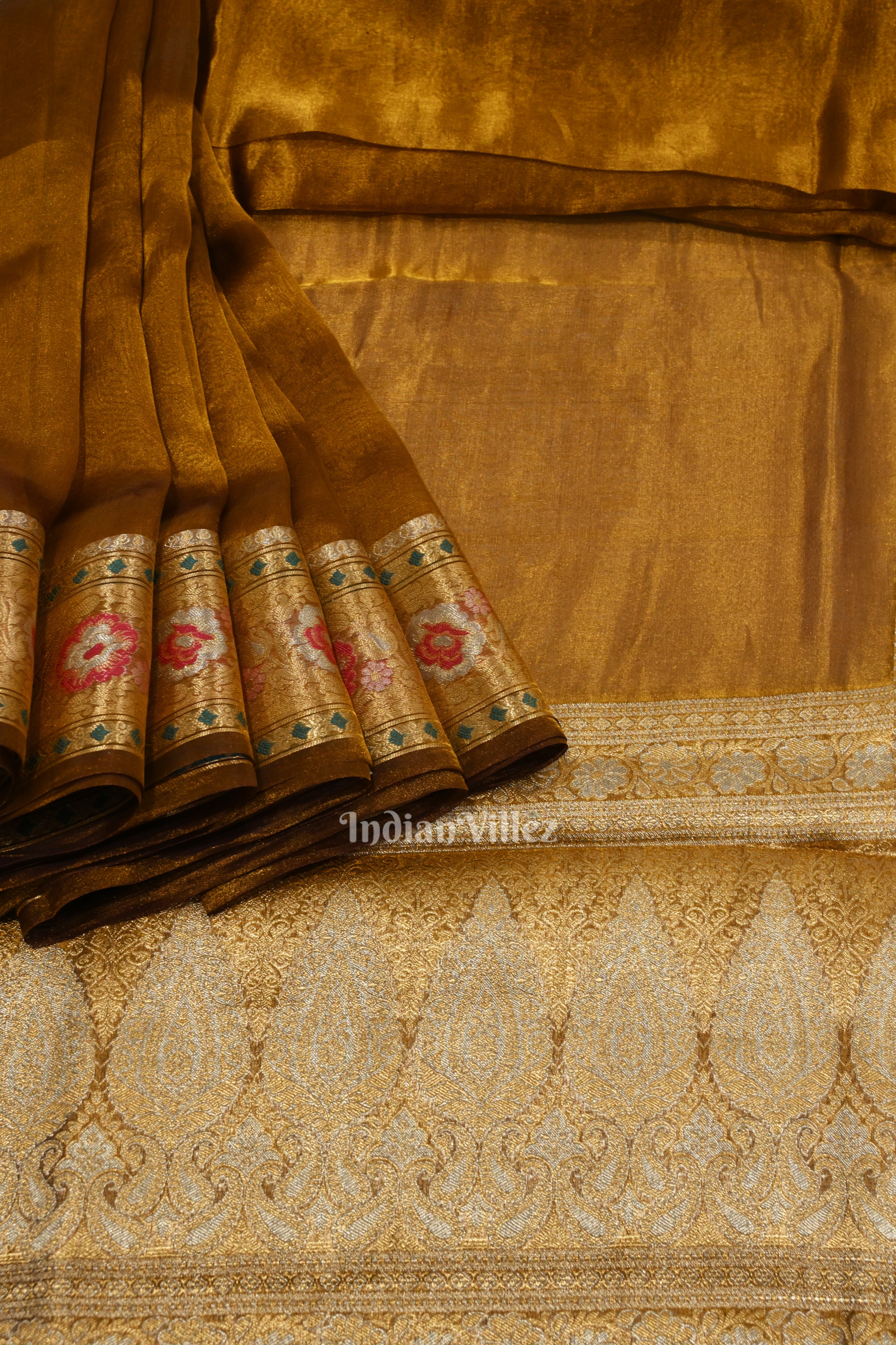 IndianVillèz Rust Yellow Zari Woven Exclusive Banarasi Tissue Saree