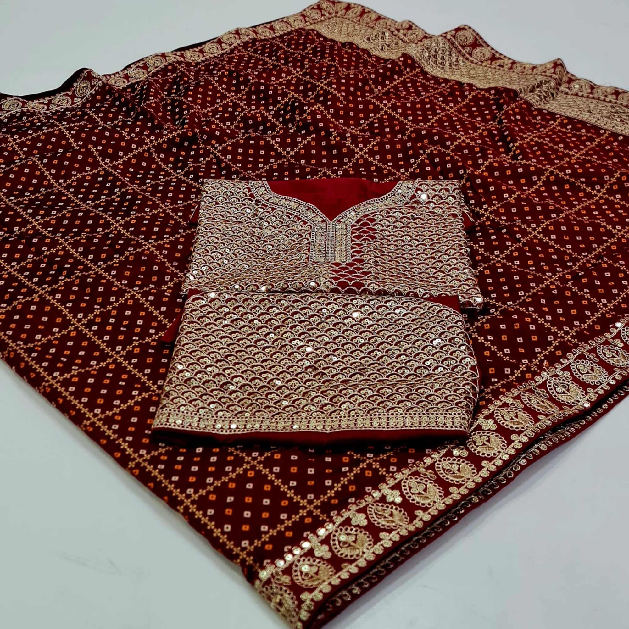 Peachmode Maroon Printed With Embroidered Border Vichitra Silk Saree - view 7