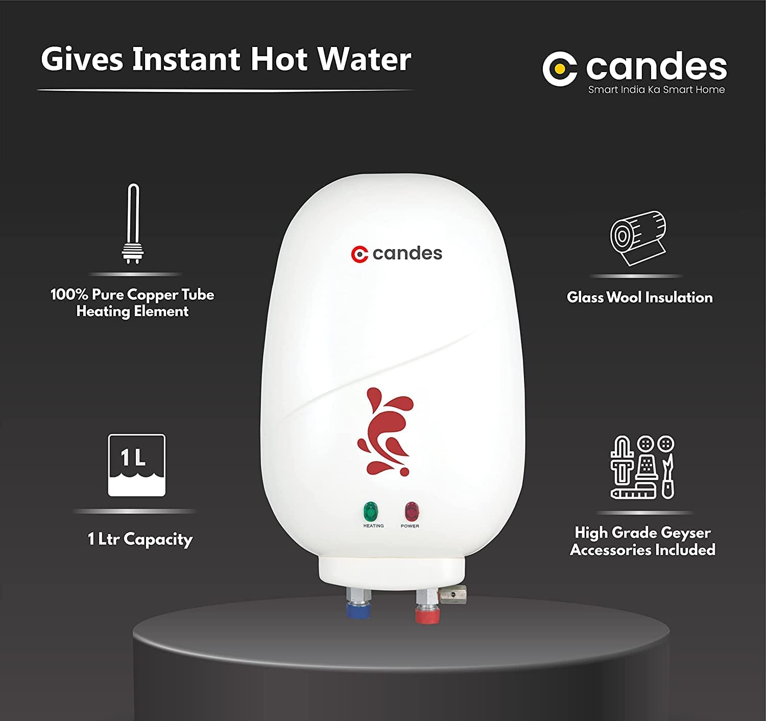 Candes Geyser 1 Litre | 2 Years Warranty | Water Heater For Home, Water Heater, Instant Geyser, Instant Water Heater, Water Geyser, Heater For Water H - view 3