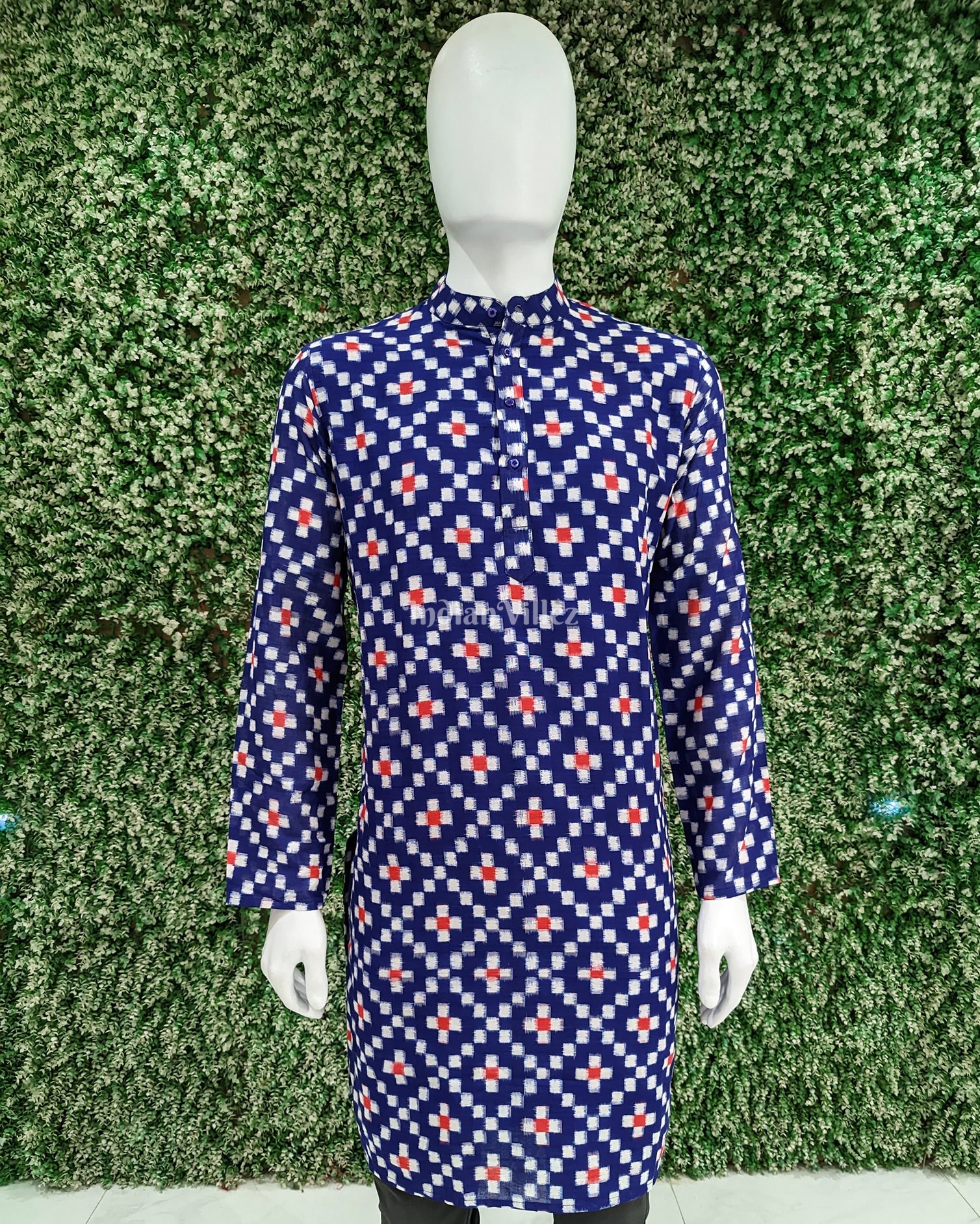 IndianVillèz Blue Pasapali Design Sambalpuri Ikat Cotton Long Kurta For Men