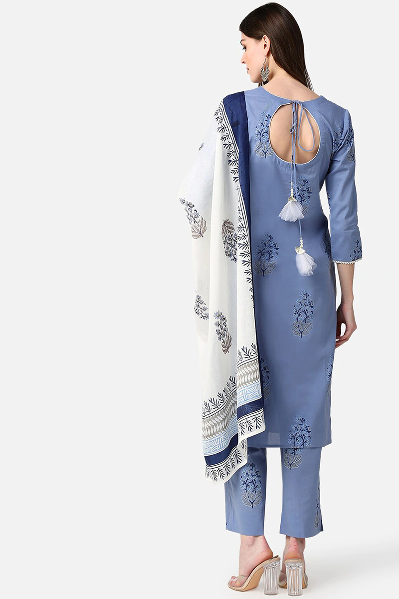 Ahika Women Cotton Blue Ethnic Motifs Printed Straight Kurta Palazzo Dupatta Set VKSKD1059 - view 4